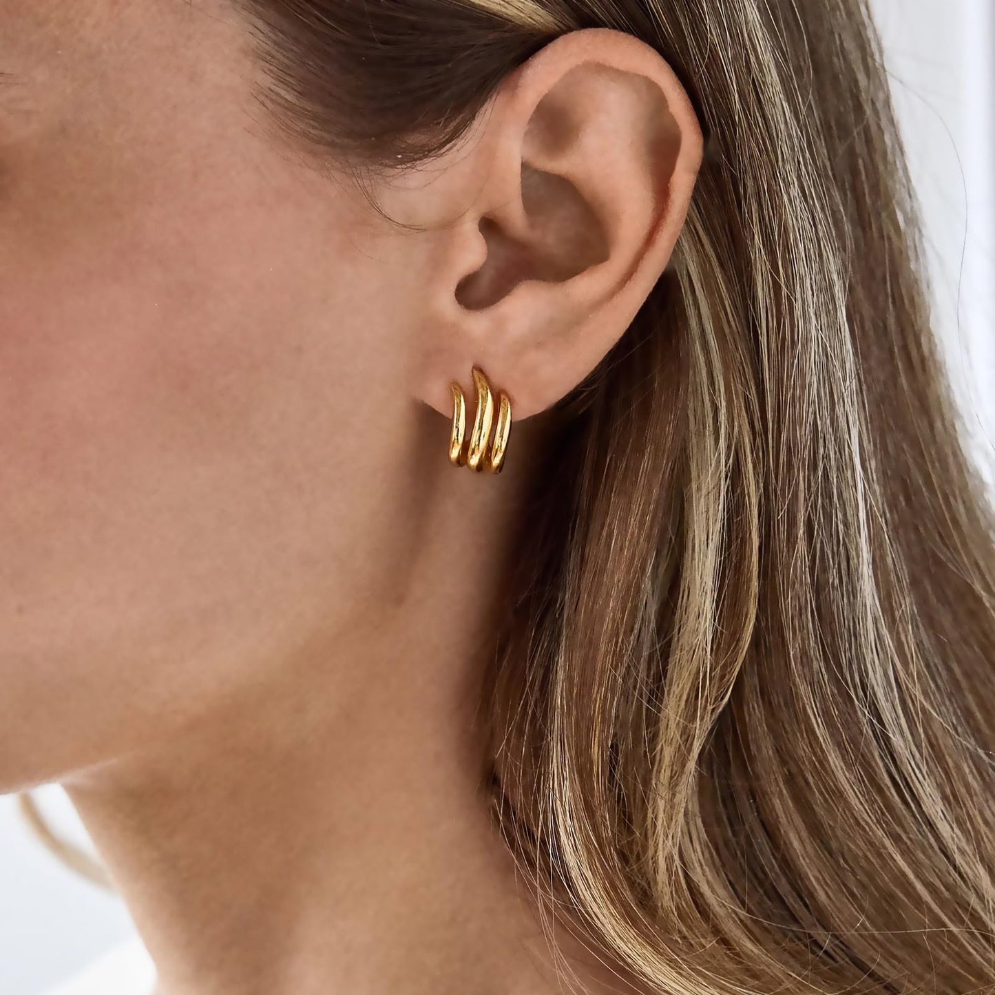 Obidos 14K Gold Plated Illusion Stud Earrings for Women | Triple Huggie Hoop Earrings for One Hole| Trendy Simple Hypoallergenic Fashion Accessories Gold Jewelry Gifts for Womens (Illusion Earrings-Yellow Gold)