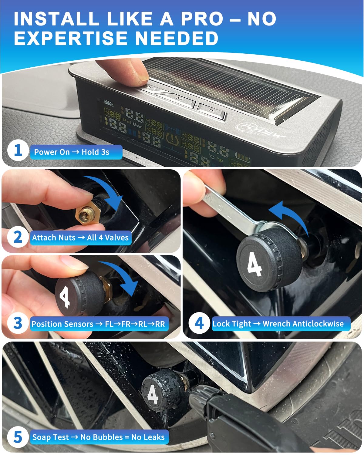 6-Wheel RV Tire Pressure Monitoring System (TPMS) - 6 Sensors & 6 Alarm Modes | 0-144 PSI ±1.5PSI, Solar/USB Charging | for Dually Trucks & Heavy-Duty Trailers
