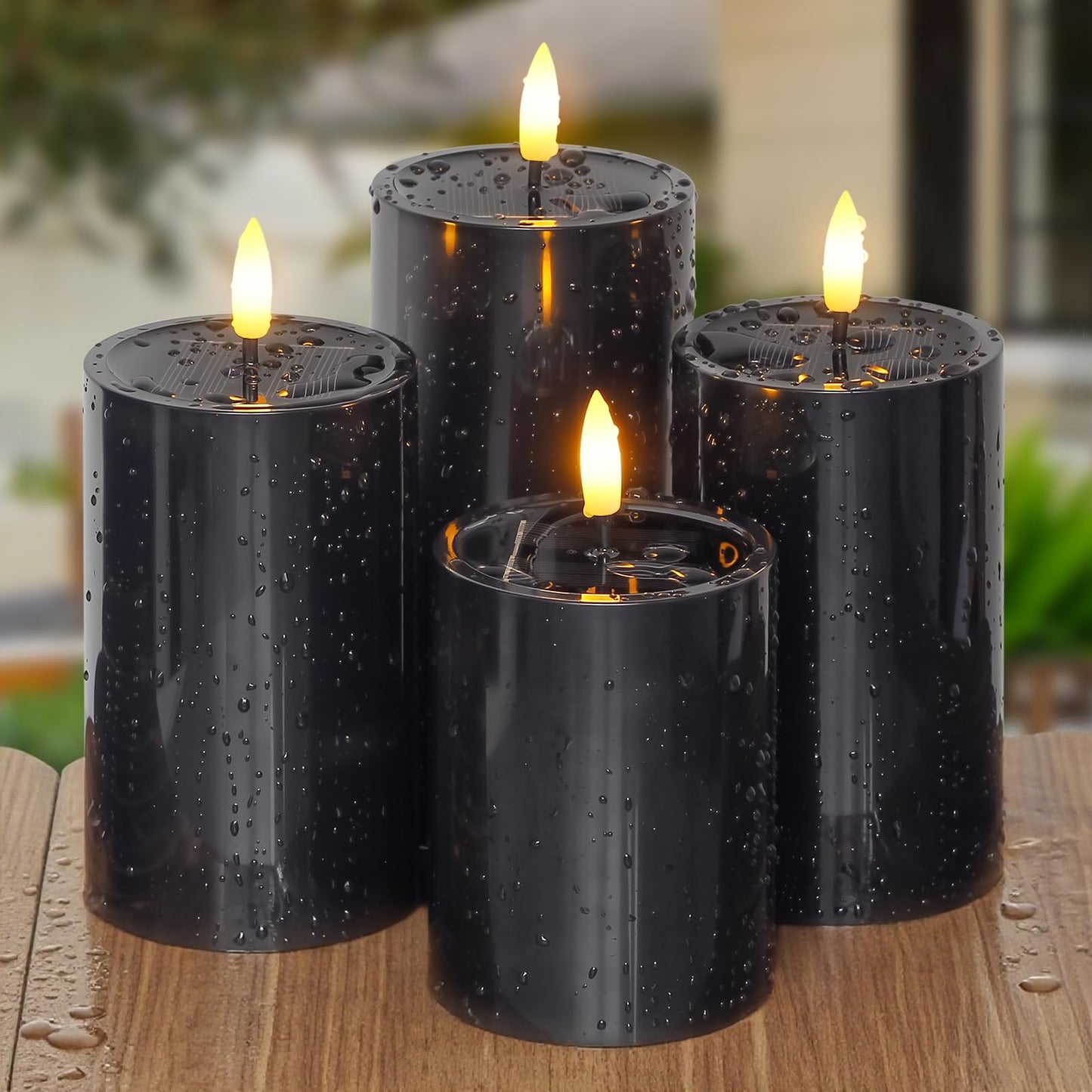 Mavandes Solar Powered Waterproof Flameless Pillar Candles with Candle Grease, Flickering Dusk to Dawn Battery Operated Pack of 4 Black Plastic LED Outdoor Lighting Halloween (3" x 4"" 5"" 5"" 6"")"