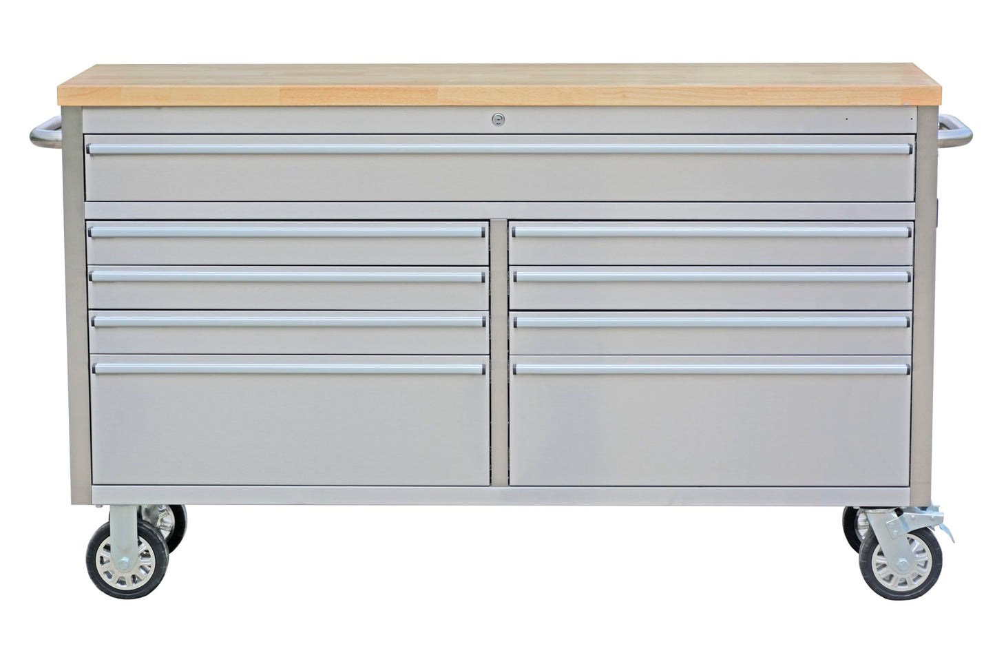 IDEALHOUSE 61 inch Rolling Tool Chest, Garage Workbench with 9 Drawers, Solid Rubber Wood Top & with Wheels Lock Key Locking, Mobile Workstation Tool Cabinet for Workshop Storage