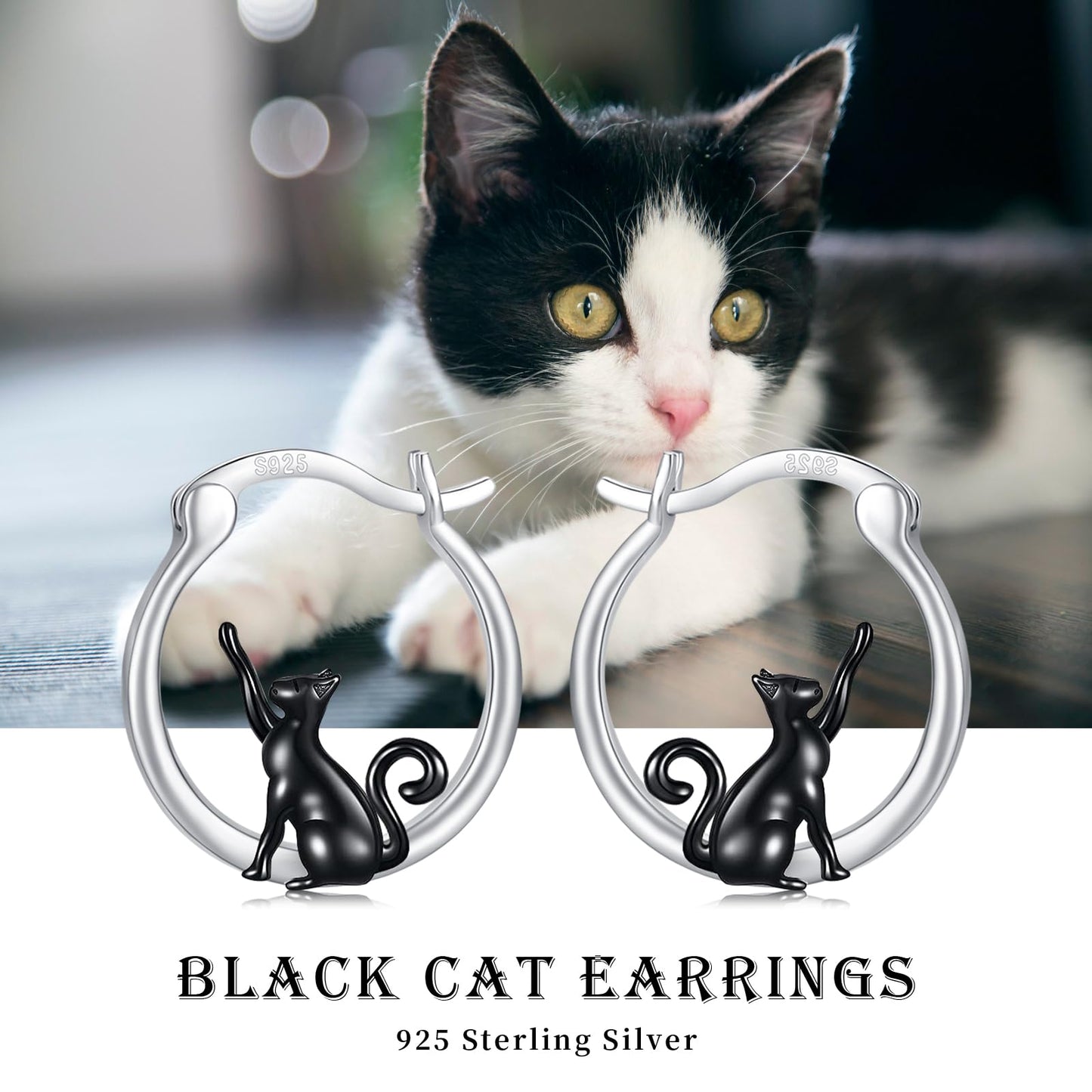 Black Cat Earrings for Women Girls 925 Sterling Silver Hypoallergenic Cute Hoop Earrings for Sensitive Ears Jewelry Graduation Gifts for Cat Lovers