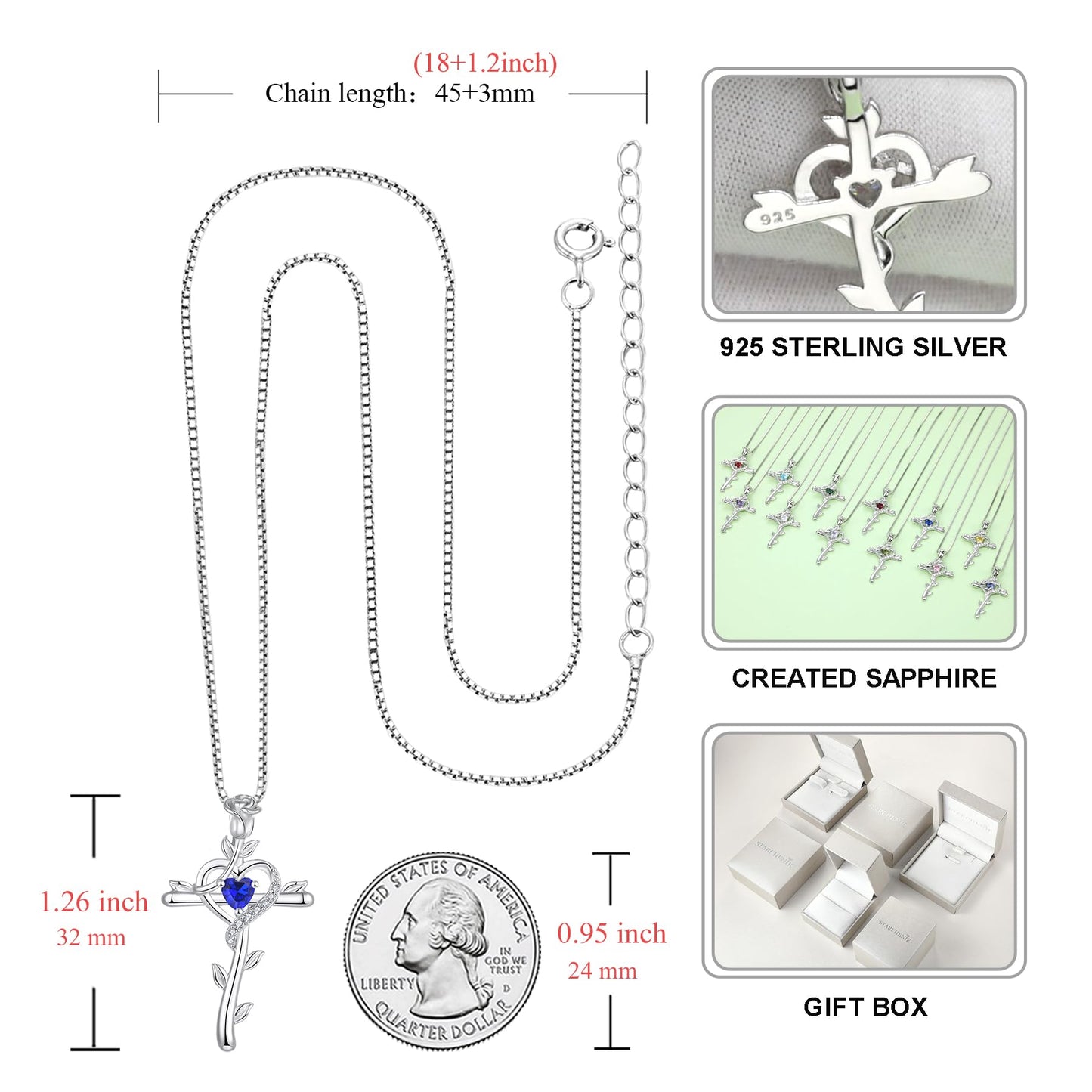 STARCHENIE Rose Cross Necklace 925 Sterling Silver Heart Crucifix Pendant Created Sapphire Jewelry for Women