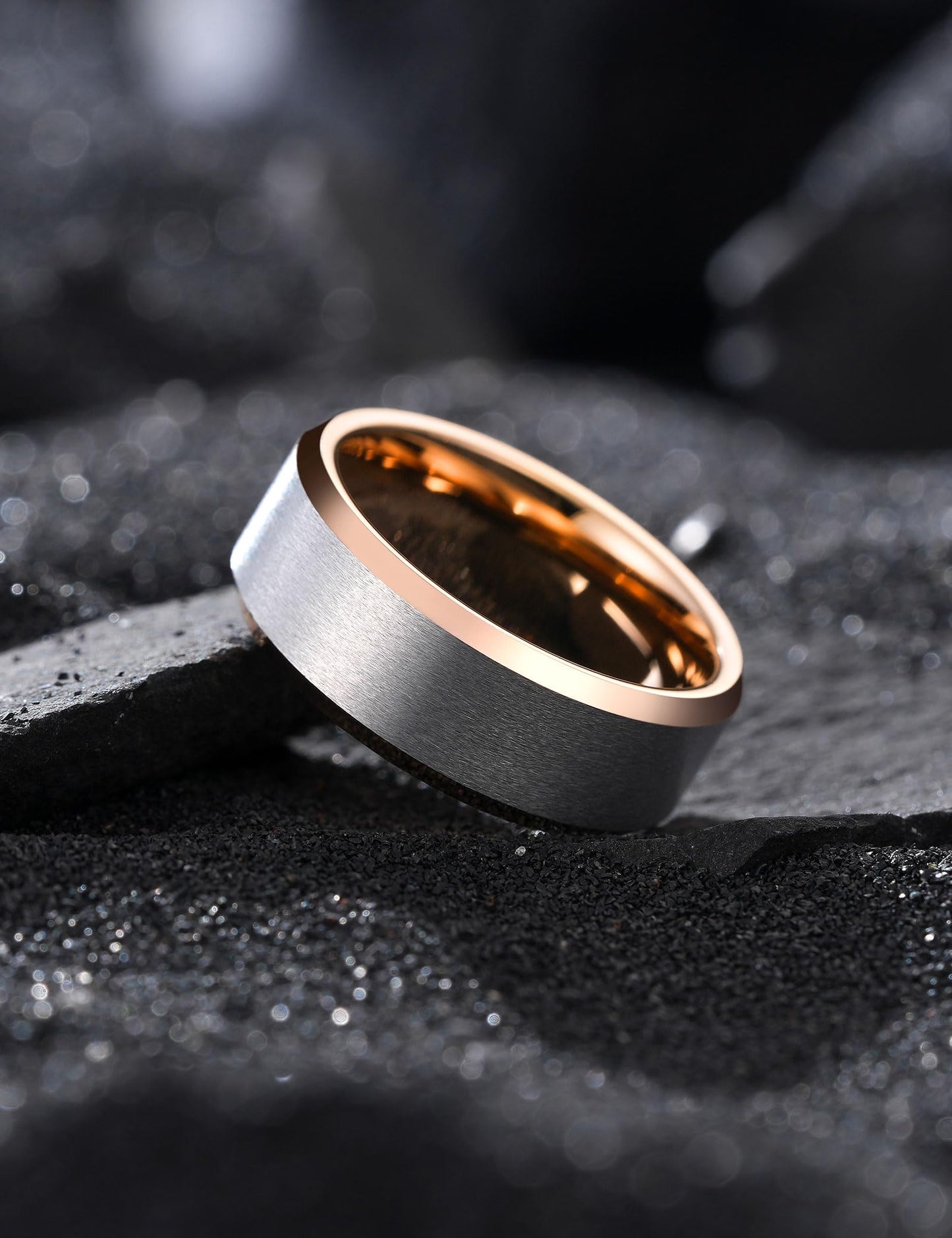 King Will 8mm Classic Tungsten Rings for Men Two-Tone Mens Wedding Bands Simple Engagement Promise Ring Matte Brushed Beveled Edges Comfit Fit Durable, Silver & Rose Gold Plated Size 9