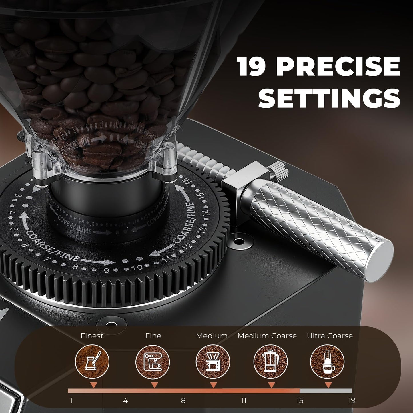 Flyseago Electric Coffee Grinder Commercial, Stainless Steel Flat Burr, Touch Screen with 19 Adjustable Settings, 28oz Large Hopper for Espresso, Black