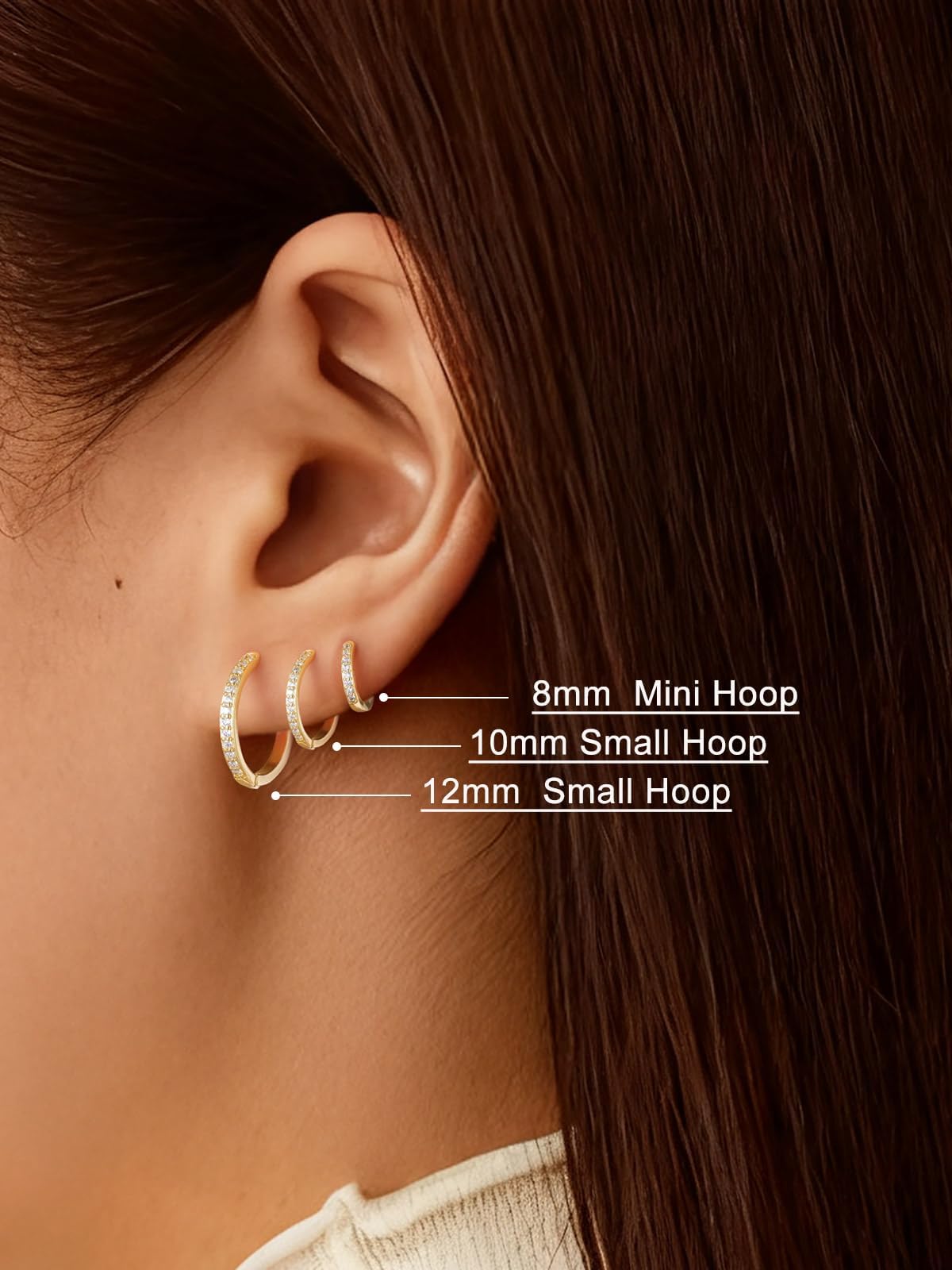 SILVERCUTE 925 Sterling Silver Huggie Hoop Earrings for Women,Hypoallergenic 14K Gold Plated Small Hoop Earring Cubic Zirconia Cartilage Earring Lightweight Huggies Earrings for Women,8/10/12mm