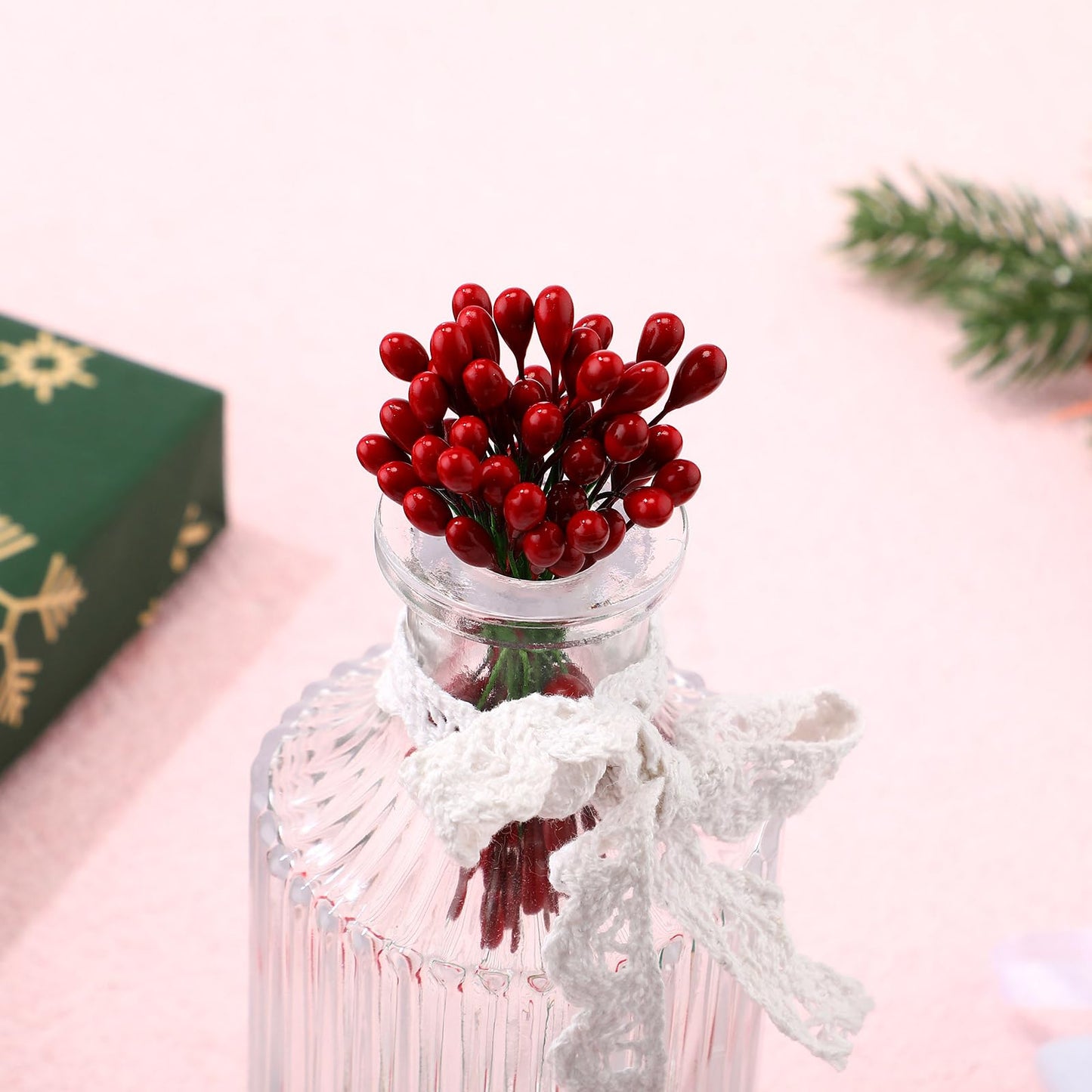 BBTO 300 Pcs Artificial Holly Christmas Fake Berries on 150 Wire Stems Berries Branches Stems Decor for Christmas Tree Decoration Wreath DIY Crafts Use Wedding Home Xmas Party Favor(Dark Red)