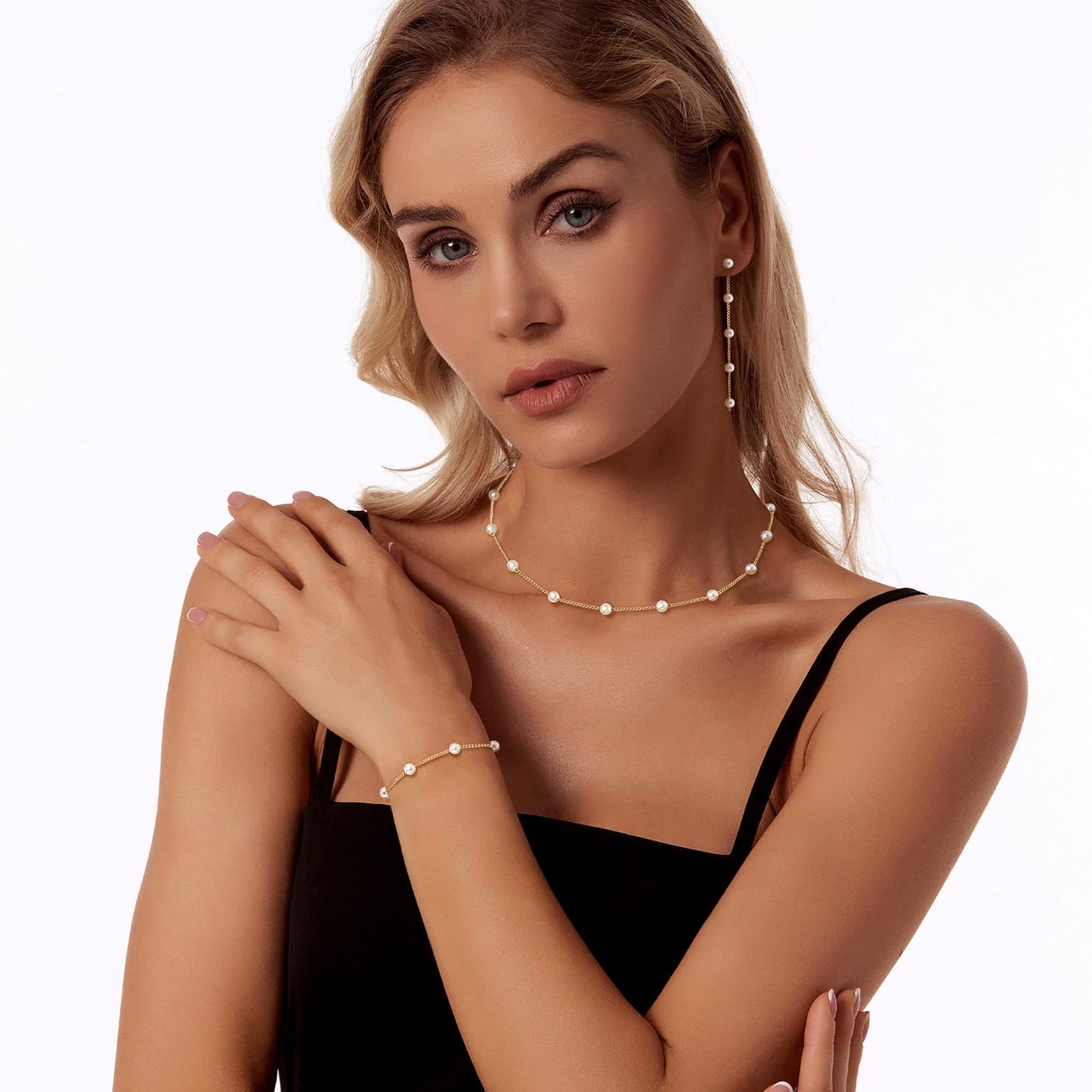 Zeffy Gold Jewelry Set for Women Dainty 14K Gold Plated Pearl Necklace and Earring Set Pearl Drop Earrings Pearls Bracelets Wedding Pearls Jewelry for Brides 3pcs