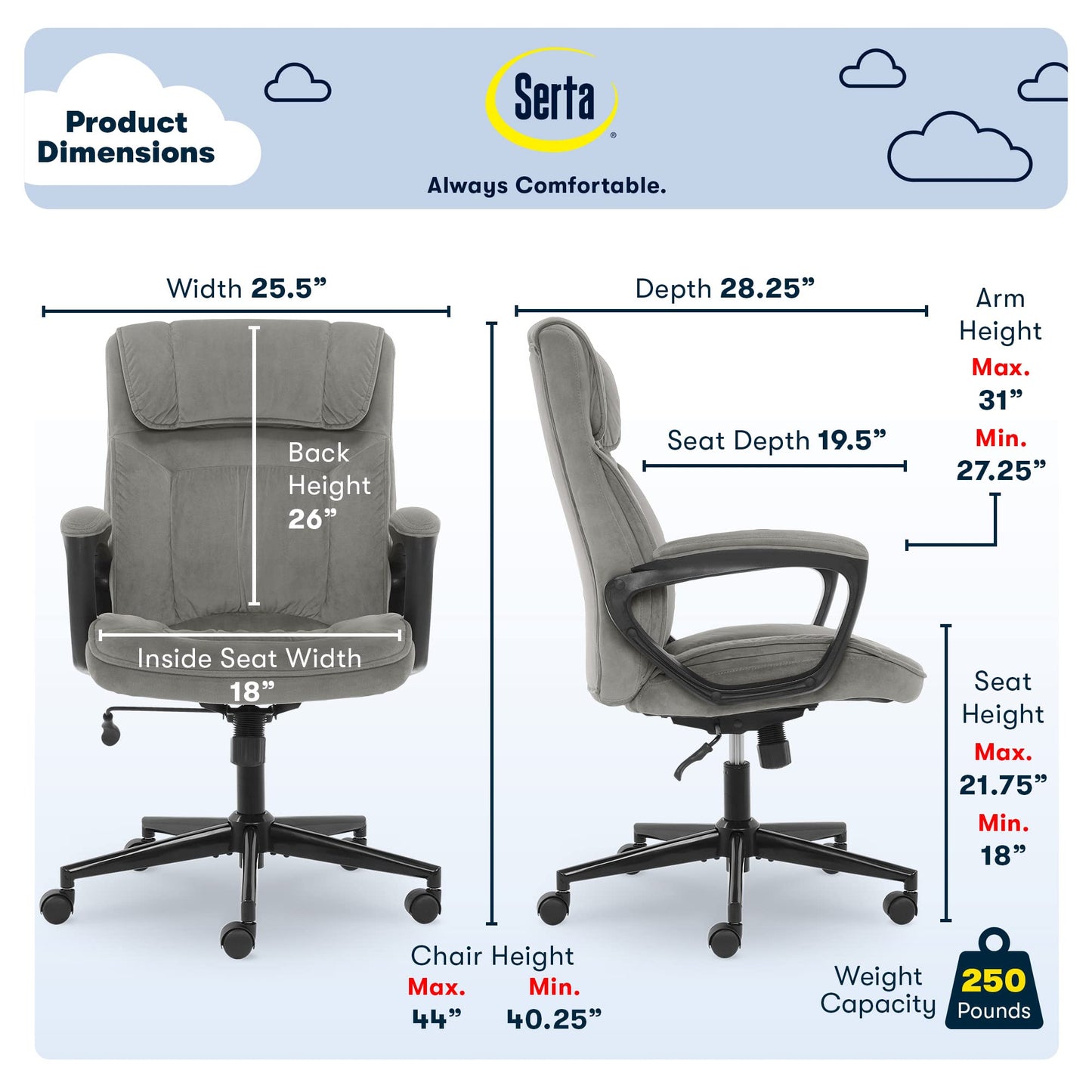 Serta Hannah Executive Home Office Desk Chair, Ergonomic Mid-Back with Lumbar Support, Firm Seat Cushion, Layered Body Pillows, Padded Armrests, Swivel Base, Easy Assembly, Microfiber, Black/Grey