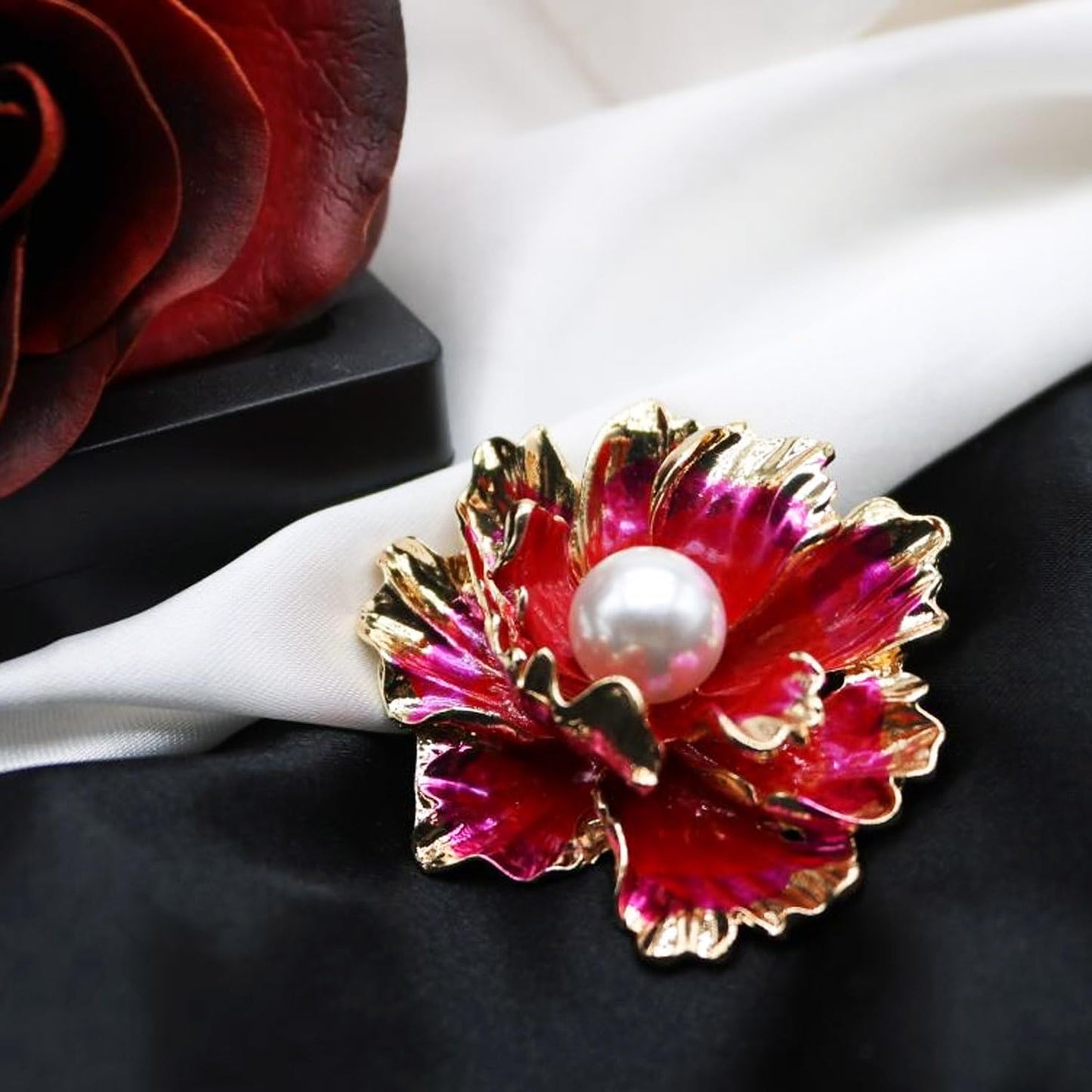 Red/White Enamel Peony Flower Crystal Brooches Pins Fashion Beautiful Created Rhinestone Pearl Floral Brooch Good Idea for Party Dance Wedding Banquet for Elegant Women Girl (Red Enamel Flower)
