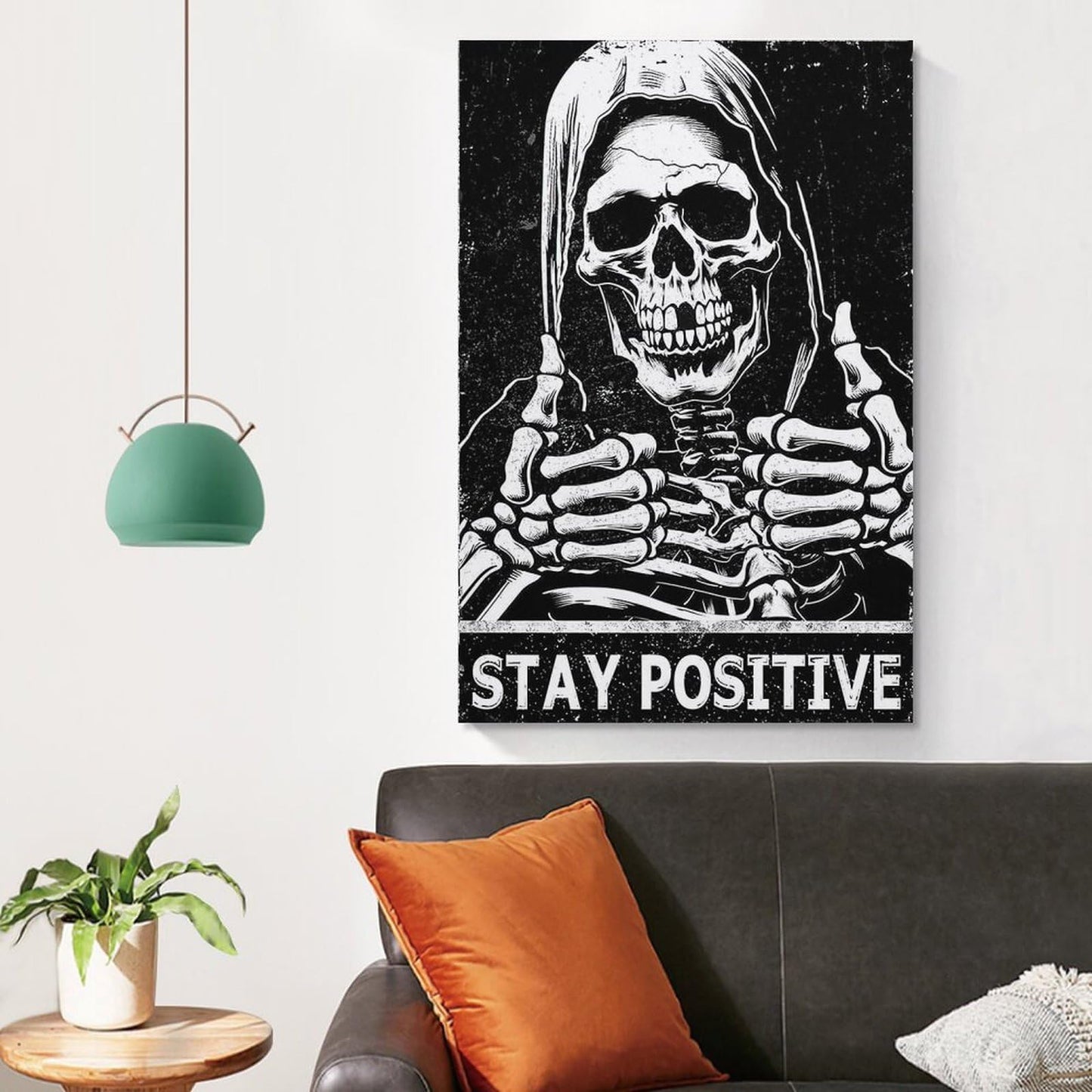 MAIHAIBAO Funny Stay Positive Skull Canvas Wall Art - Dark Humor Grim Reaper Poster - Motivational Gothic Decor for Bedroom & Office - 12x18 Inch (Unframed)