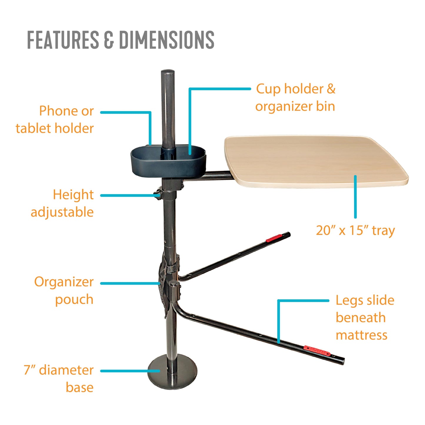 Stander EZ Swivel Overbed Table, Adjustable Medical Lap-Desk and Large Bedside-Tray with Cupholder, Tablet Holder & Organizer Pouch, 360 Degree Rotating Tray & Laptop Computer Desk for Home Beds