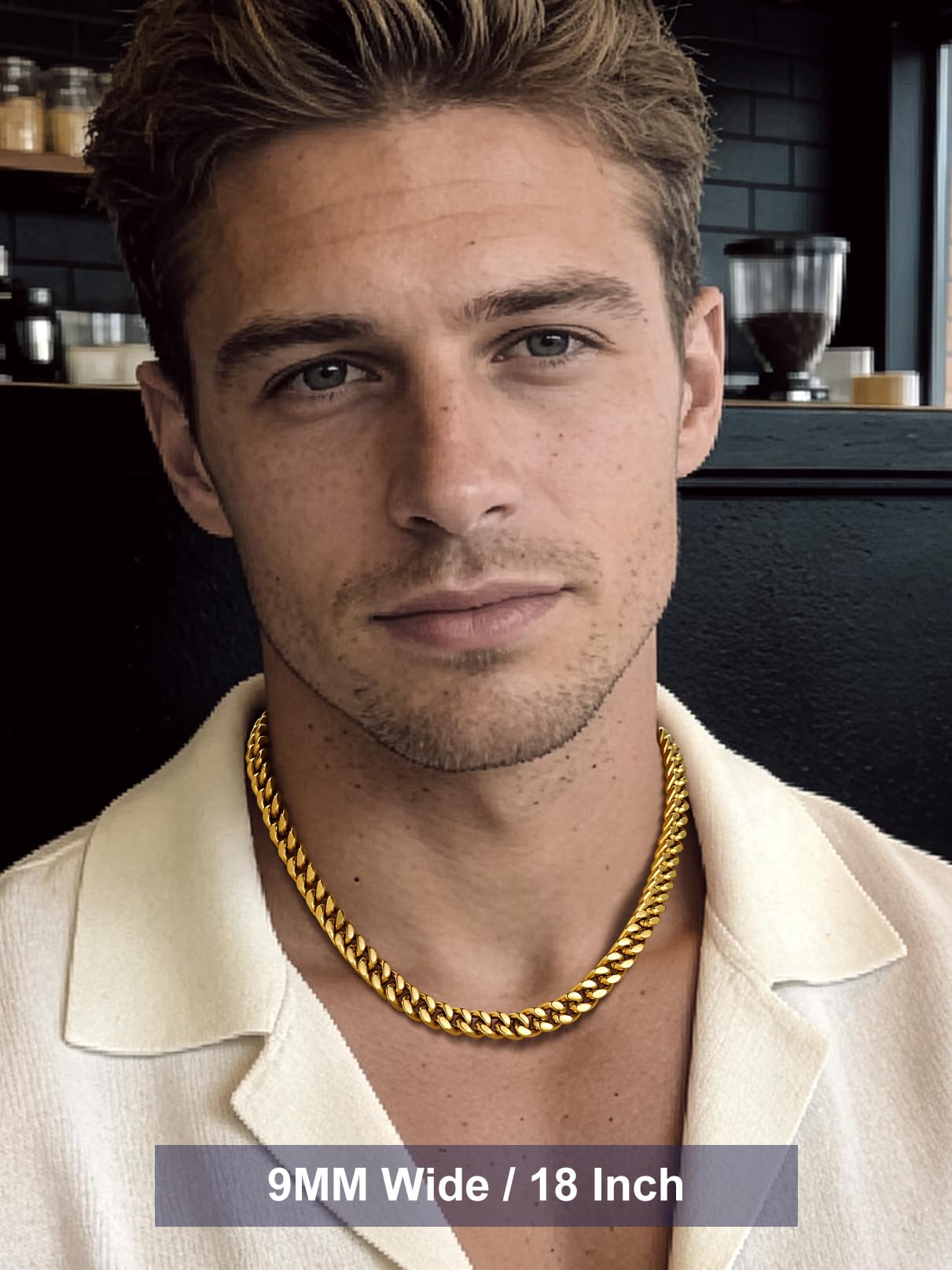Bandmax 9MM Chunky Choker Necklace for Men 14K Gold Plated Miami Link Chain Cuban Chains Mens Necklace Chain 18 Inch Gift for Husband Son Father