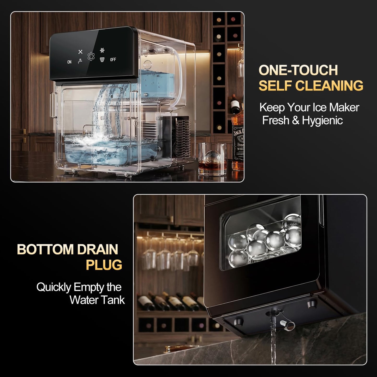 SOZT® 2" Ice Ball Maker Countertop, 4Pcs Ready in 40Mins, 144Pcs/Day, Sphere Ice Maker Machine with Self-Cleaning, Auto & Manual Fill, Round Ice Cube Maker for Home Bar Whiskey Bourbon