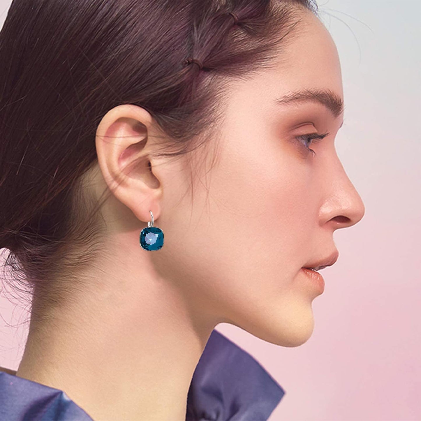 AOBOCO Sterling Silver Leverback Earrings Embellished with Crystals from Austria, Hypoallergenic Cushion Cut Square Crystal Earrings, Fine Anniversary Birthday Jewelry Gifts for Women (London Blue)