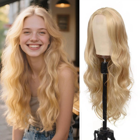 Long Mixed Blonde Wig for Women 26 Inch Wavy Synthetic Wig Middle Part Natural Looking Heat Resistant Balayage Blonde Curly Wig for Daily Use Cosplay Halloween Party