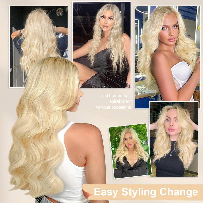 Real Human Hair Wire Extensions - 14 Inch Bleach Blonde Straight Hair | 80g Invisible Fish Line