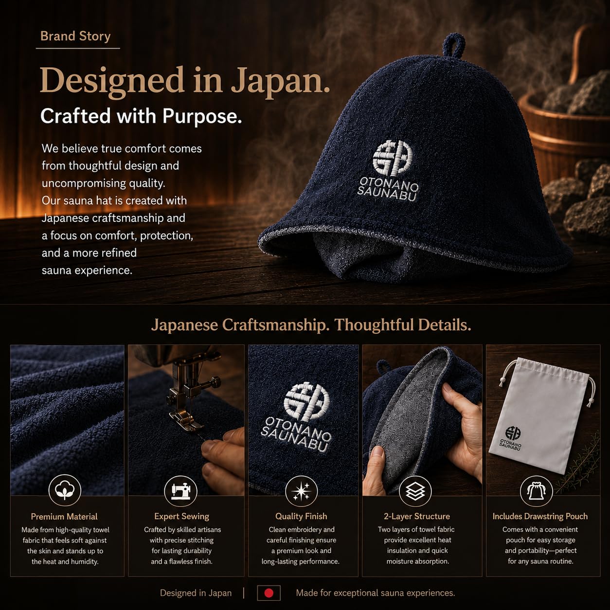 OTONANOSAUNABU Brown Sauna Hat – Japanese Design, 100% Wool Felt,Double-Layer Reversible Sauna Cap for Men & Women,Heat Protection Finnish Banya Hat