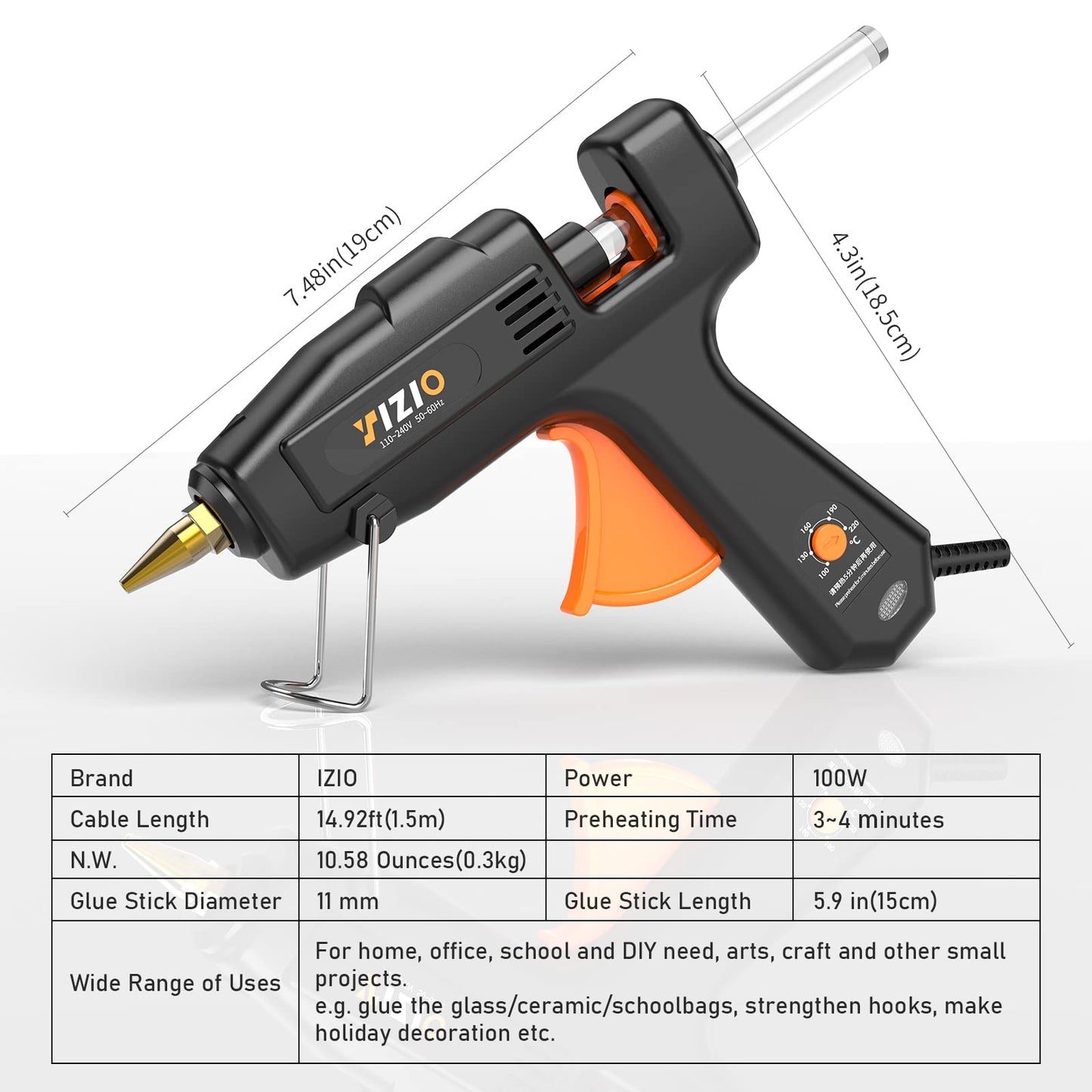 IZIO Full Size Hot Glue Gun and Sticks Set, 100-220W Adjustable Temperature, Fast Preheating Heavy Duty Industrial Gluegun, 30 Hot Glue Sticks For Crafting, Diy and Repairs (Black)