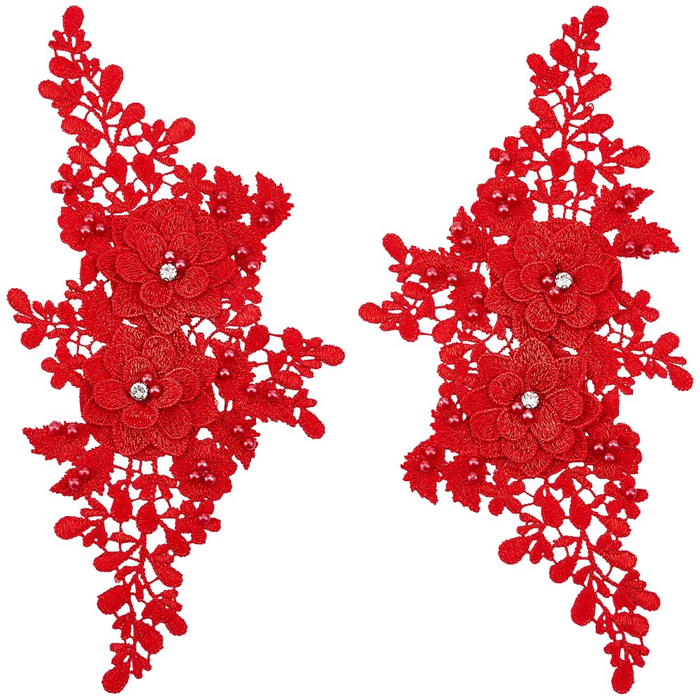 CABODYALS 4Pcs Red 3D Floral Lace Applique Pearl Beaded Embroidered Appliques Flower Rhinestone Embroidery Sew on Tulle Repair Patches Bulk for Sewing Making Clothes Dress Gown Wedding Costumes DIY