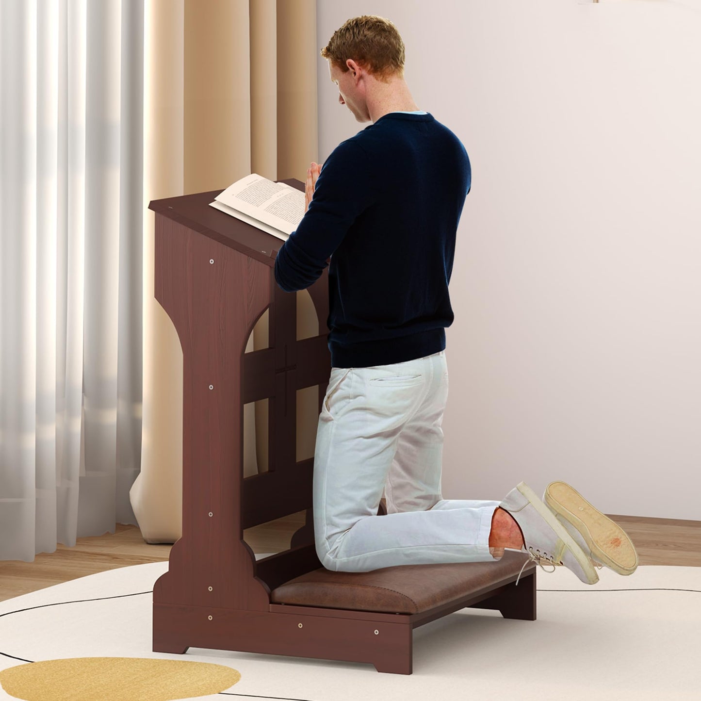Gtouse Wooden Prayer Bench for Kneeler Prayer, Prayer Table at Home with Cushion Pad, Church Kneeling Stand Stool, Padded Prayer Chair Shelf for Kneeling at Home and Church