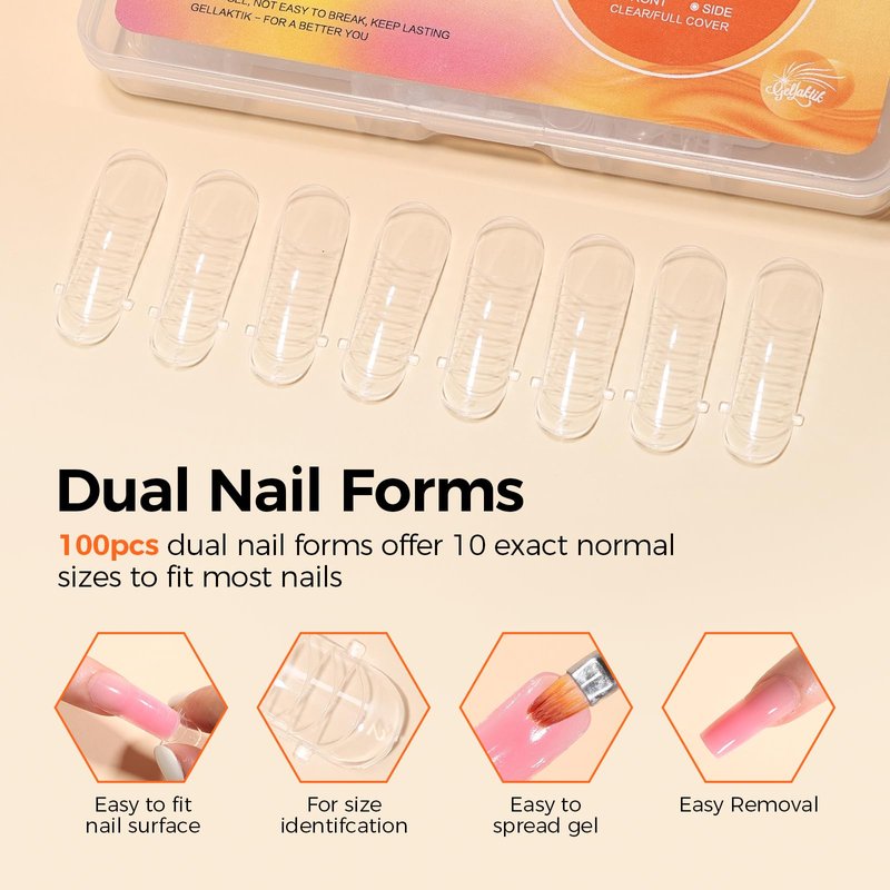 GELLAKTIK 100Pcs Nail Forms Kit, 10 Sizes Reusable Dual nail Forms for Poly Gel & Builder Gel, 120ml Slip Solution Liquid, 6 Clips, Dual-Ended Brush, Nail Art Cup, DIY Pedicure Kit for Beginners