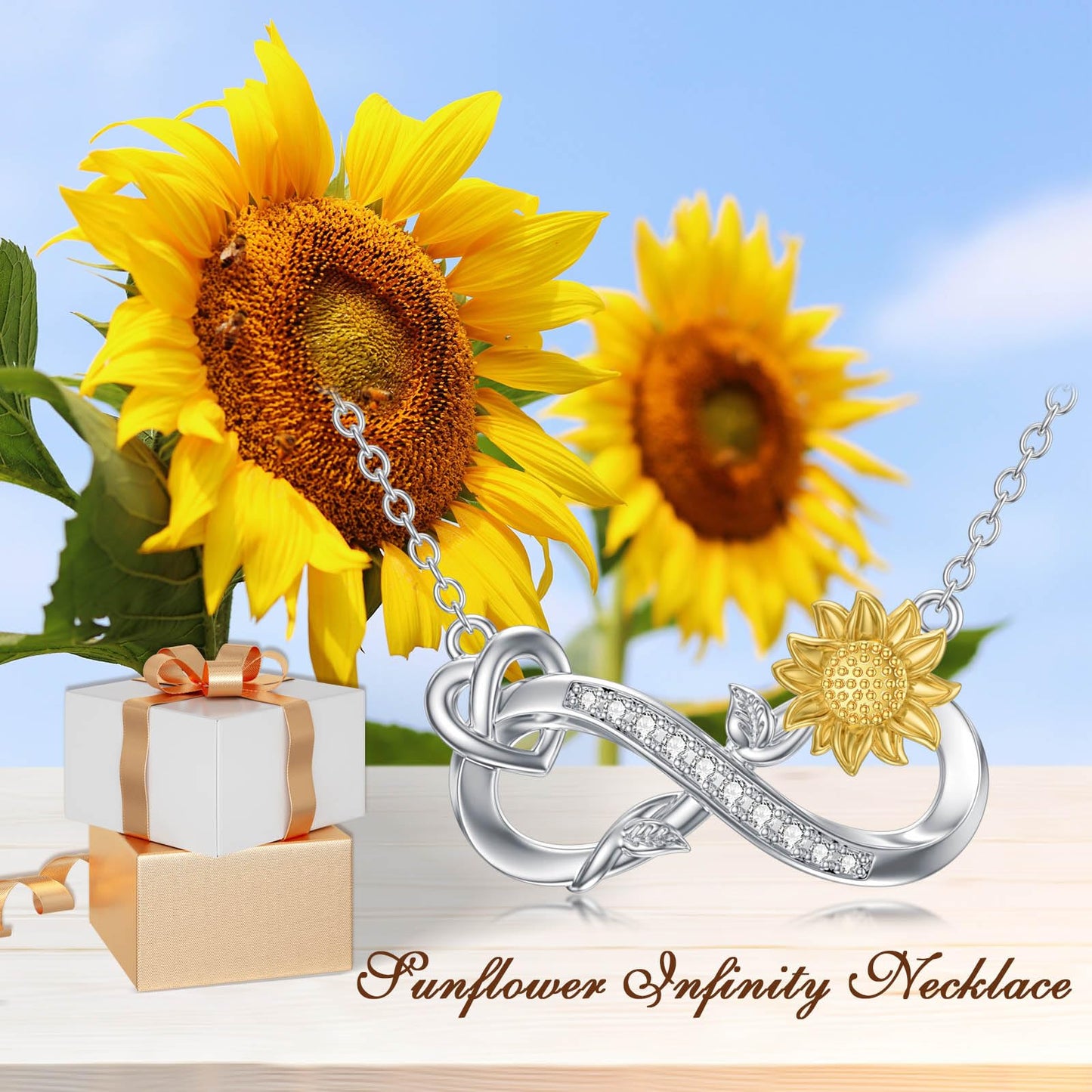 ZBA Natural Diamond Sunflower Necklace Sterling Silver Infinity Jewelry for Women Valentines Mothers Day Gifts for Mom Mother Her Wife Girlfriend Anniversary