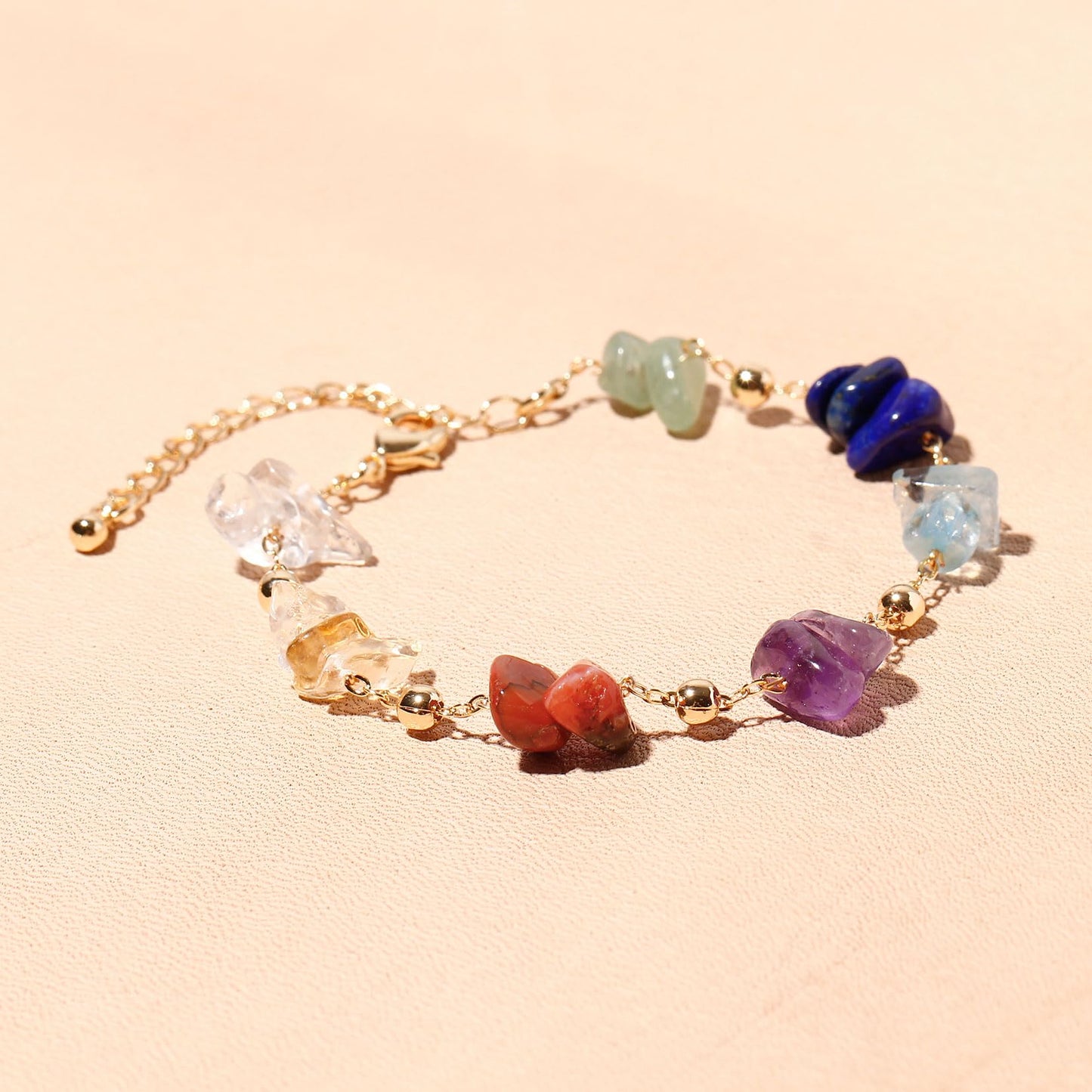 Xfoxstal 7 Chakra Reiki Gemstones Plated 14k Gold Chain Bracelets for Women Meditation Colorful Crystal Chips Beaded Bracelets (6″-8″)