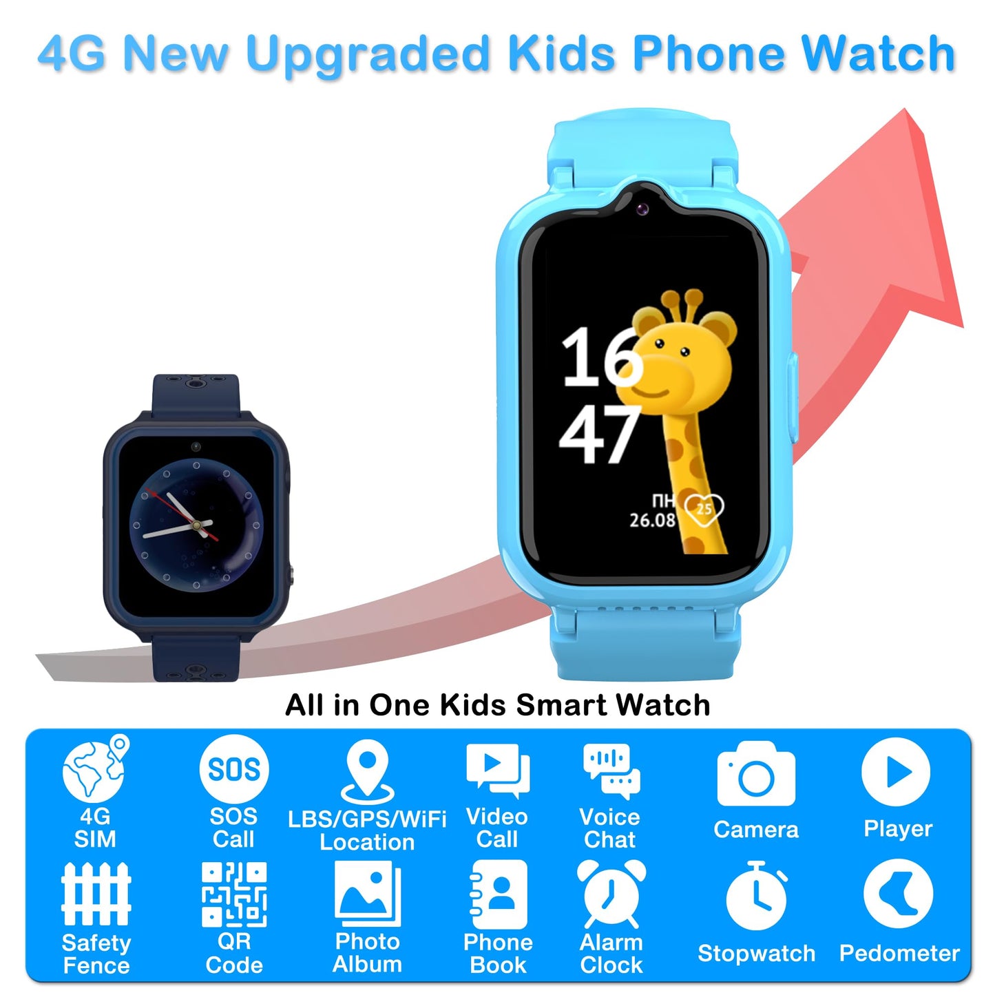 Toloso Kids Smart Watch Boys with GPS Tracker & Video Calling, Kid Cell Phone Watch Age 4-12, One-Key SOS Call Voice Chat Camera Alarm Calculator Pedometer GPS Tracker Gifts for Kids (Blue)