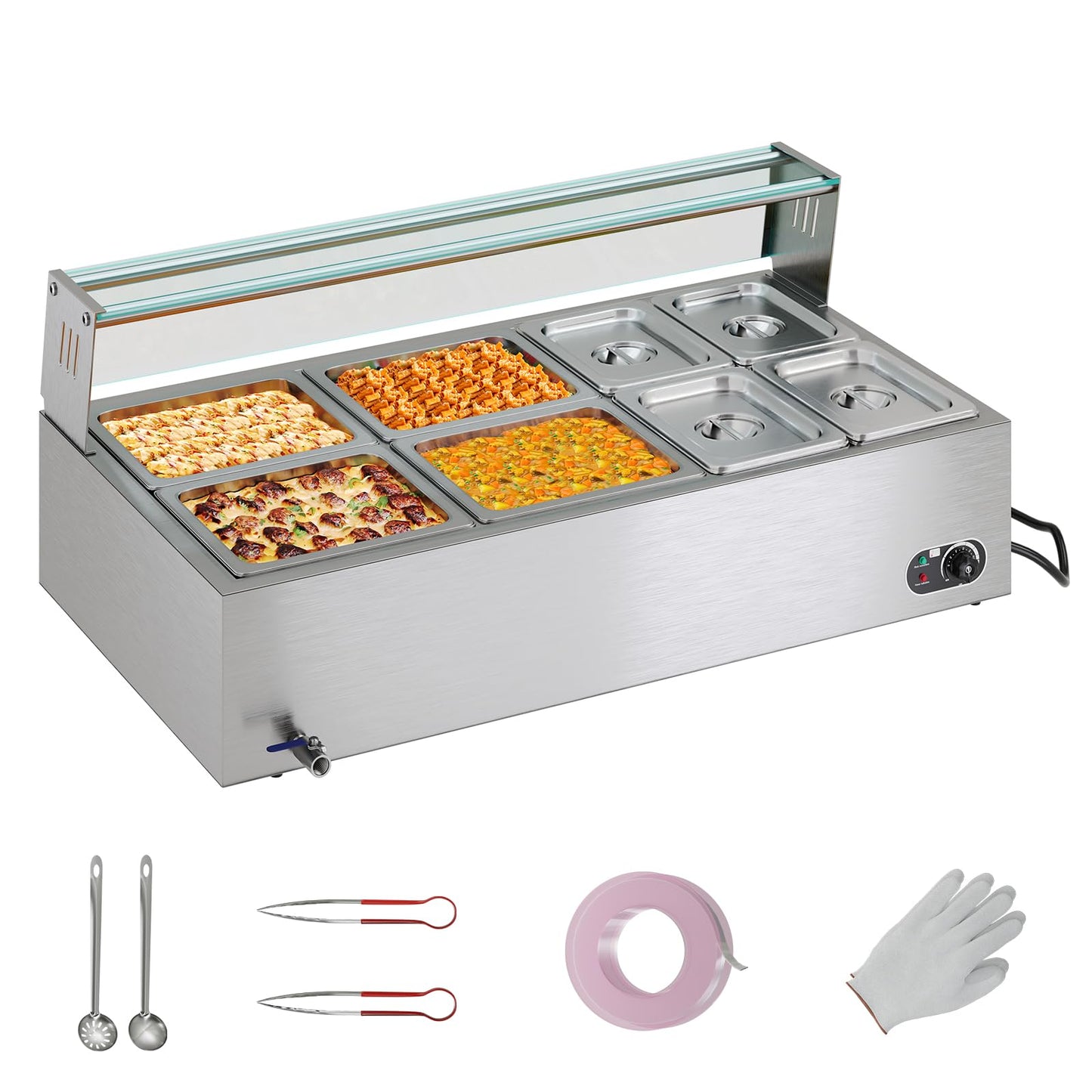 Jocisland 8-Pan 72QT Commercial Food Warmer, 1500W, Stainless Steel with Glass Lid & Food Tongs, 86-185°F Adjustable Heat for Catering and Restaurants, 110v