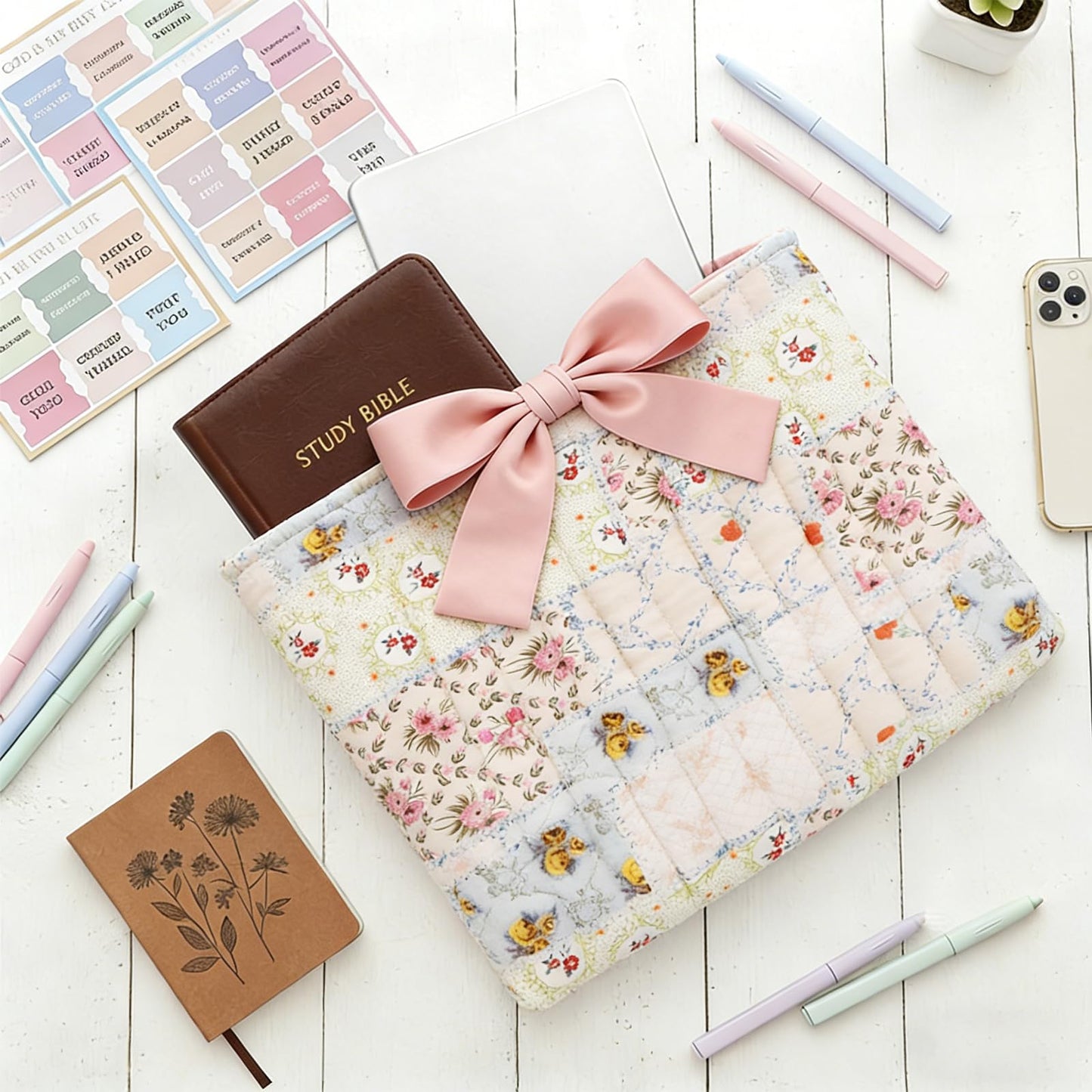 Quilted Bible Cover Case for Women, Pink Floral Bow Bible Carrier Bag, Bible Study Supplies Kit with Tabs Paperclips Highlighters Pens Sticky Notes, Christian Gift Set with Box