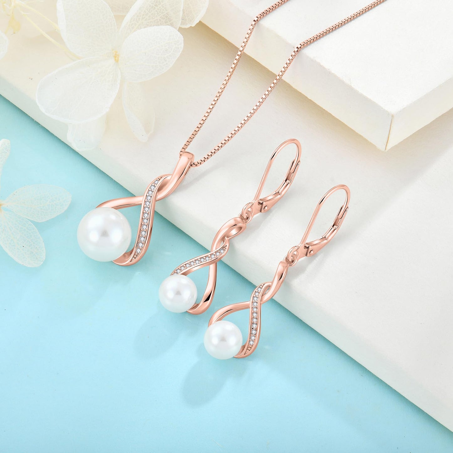 Inpasne 18K Rose Gold Plated Freshwater Pearl Necklace and Earrings Set for Women 925 Sterling Silver Pearl Jewelry for Bride Bridesmaid
