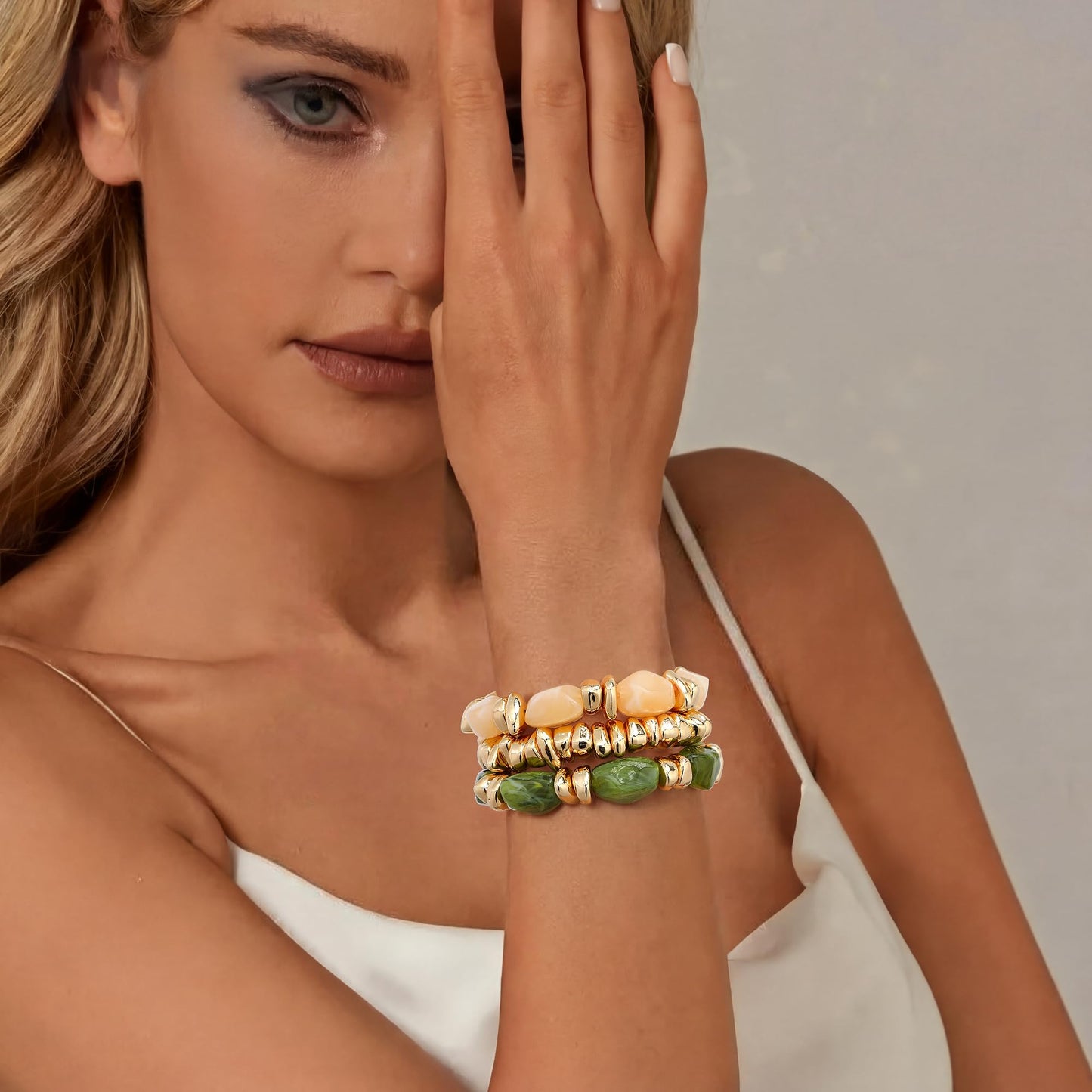 Sajidos Gold Plated Beaded Bracelets for Women Trendy, 14K Gold Plated Stack Cross Pearl Gold Plated Bead Stretch Bracelets Set Elastic Hypoallergenic Bracelets Jewelry Gifts (style13-beigreen)