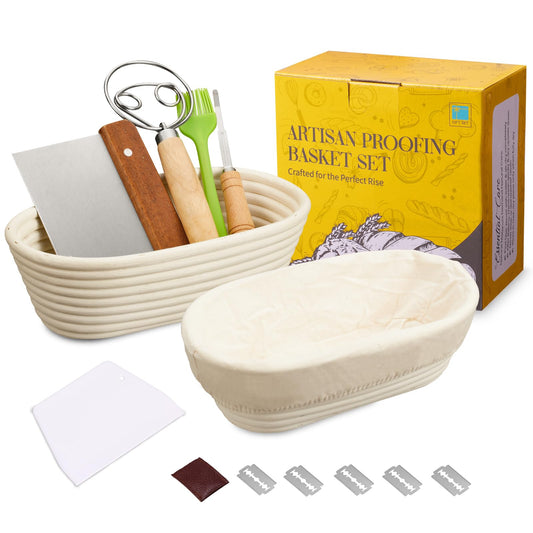 Dimpola Banneton Bread Proofing Basket Banneton Basket Set Sourdough Proofing Basket Round Proofing Bowls Handmade Rattan Baskets and Liners (Oval of 2 Gift Set)