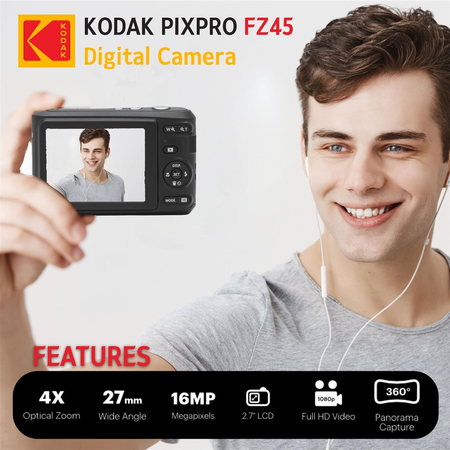 Kodak PIXPRO FZ45 Digital Camera + Point & Shoot Camera Case + Sandisk 128GB SDXC Memory Card