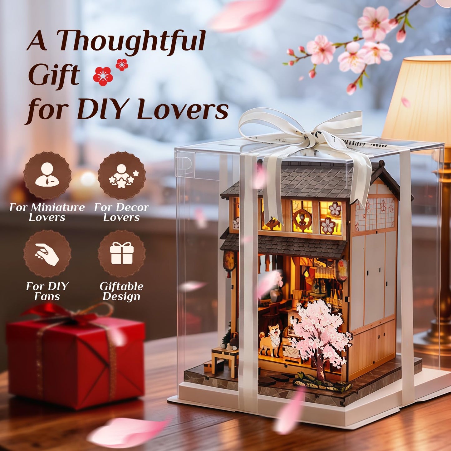 Reenovan Book Nook Kit, DIY Miniature House Kit for Adults & Teens, Japanese Street Shop Scene Bookshelf Insert Decor with LED, 3D Wooden Puzzle Gift for Book Lovers (Sakura Street Shop)