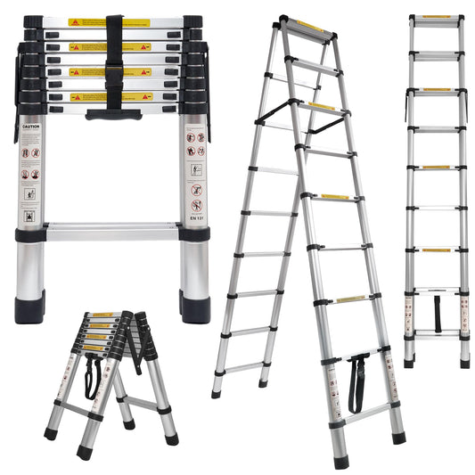 8.53 FT A-Frame Aluminium Telescoping Ladder,9+9 Step Ladder,330LB Load Capacity,Portable Telescopic Folding Extension Ladder Heavy Duty Collapsible (Sliver, 2.6m+2.6m/17FT A Frame)