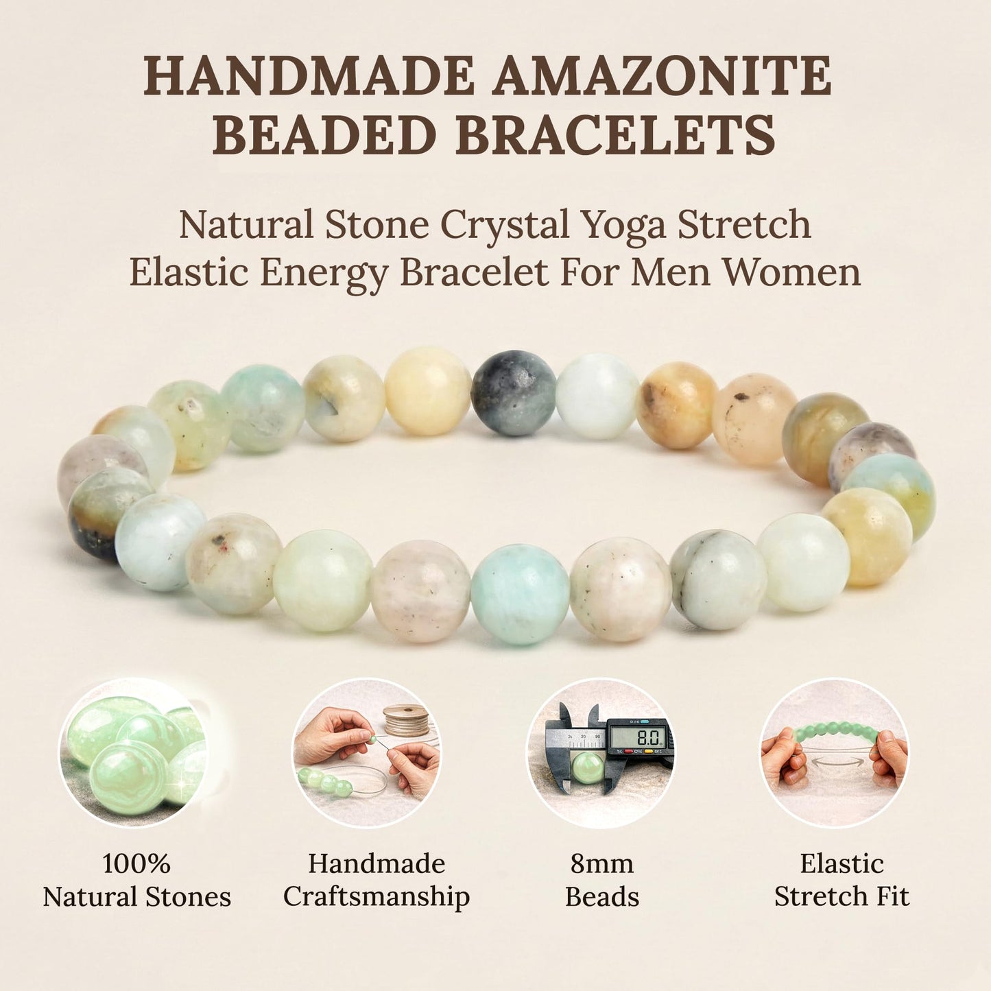 Elm City Direct 8mm Natural Stone Beaded Bracelet – Unisex Crystal Stretch Bracelets for Men & Women, Chakra & Healing Jewelry, Gift-Ready Beaded Bracelets (Amazonite, 8mm)