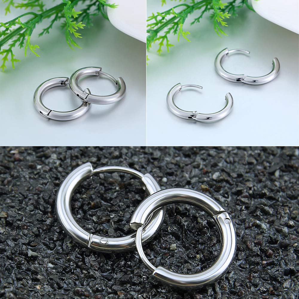 316L Surgical Stainless Steel Huggie Hoop Earrings 12mm Silver Hypoallergenic Earrings Hoop Cartilage Helix Lobes Hinged Sleeper Earrings For Men Women(E02:12mm Silver(THK 2.0mm))