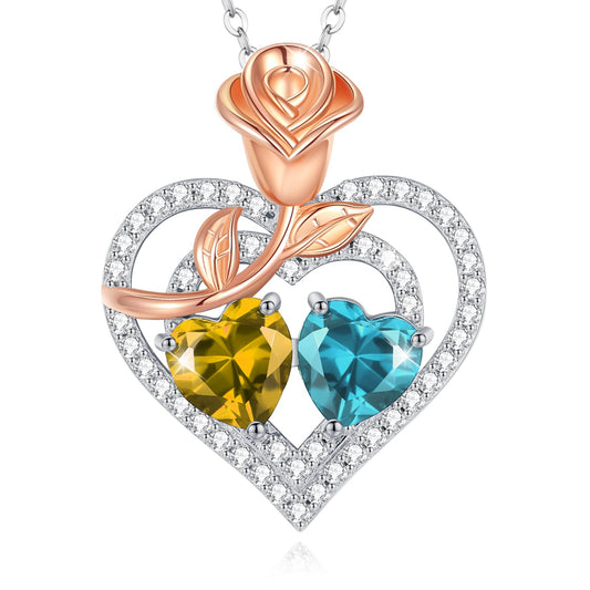 AGVANA November December Birthstone Jewelry Citrine Blue Topaz Necklace Sterling Silver Rose Flower Heart Double Birthstone Pendant Necklace Anniversary Birthday Gifts for Women Mom Wife Lady Her