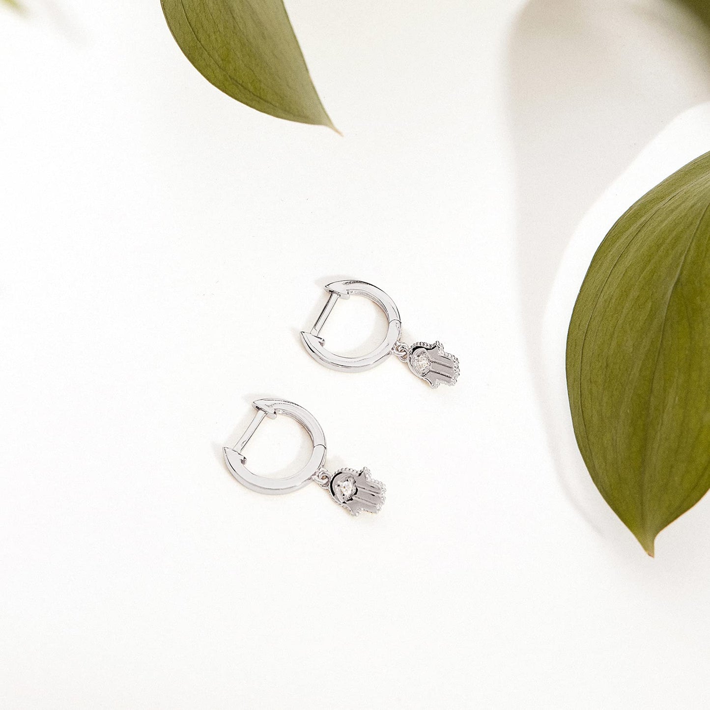 PAVOI Rhodium Plated 925 Sterling Silver Post Good Luck Dangle Huggie Hoop Earrings For Women - Trendy Hamsa Drop Hoop Earrings - Cubic Zirconia Small Hinged Huggies