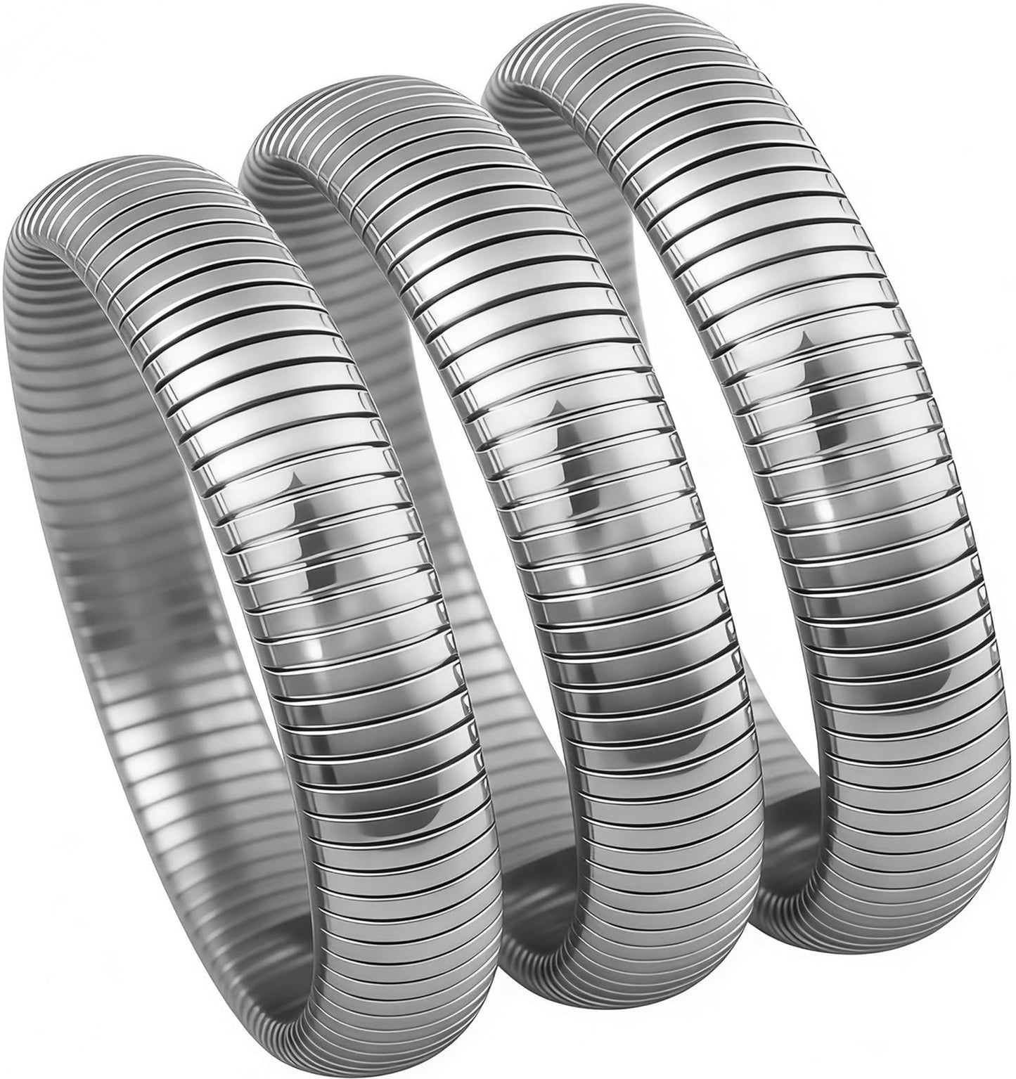 JUNYANGY Silver Bangles for Women Set of 3 Silver Chunky Stretch Bangles Bracelets 925 Silver Plated Stainless Steel Bracelets Flexible Wide Stack Bracelet Designer Look Alike Jewelry for Women