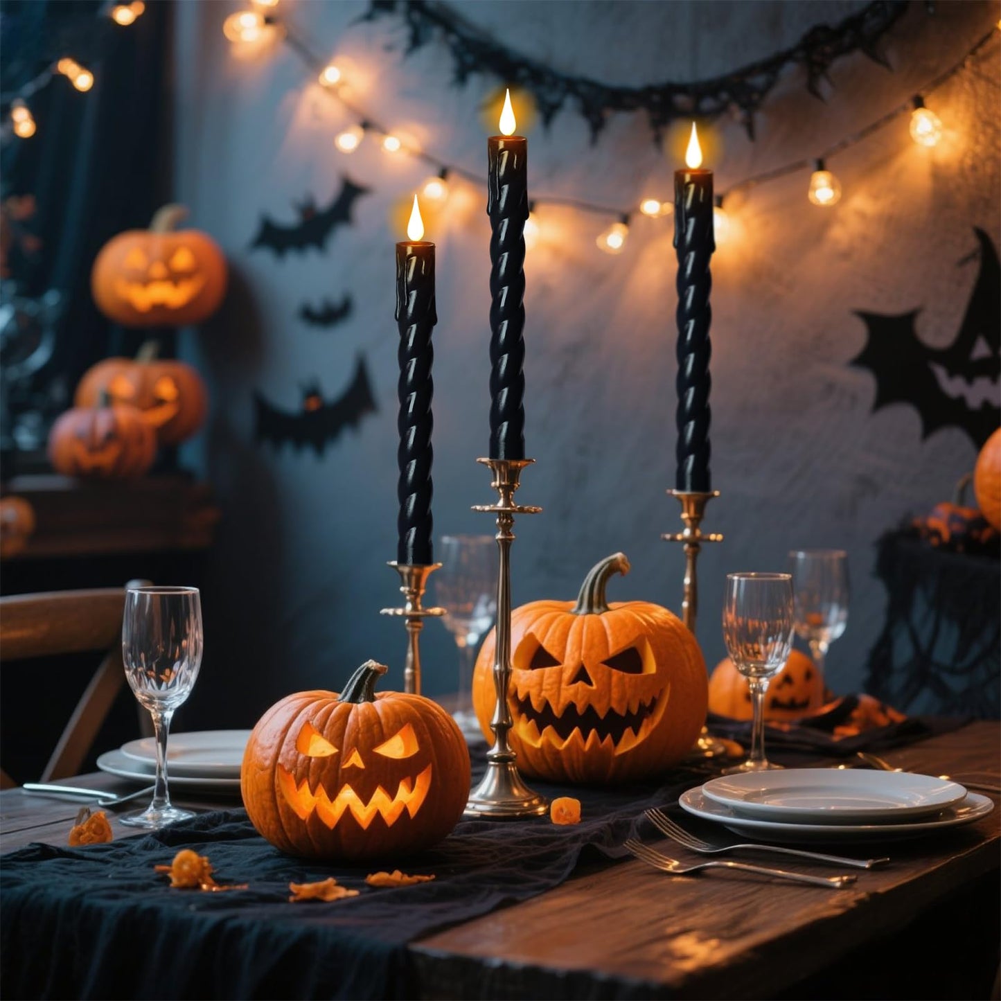 DRomance Flickering Flameless Taper Candles with Remote and Timer, 2 Pack Battery Operated LED Taper Candles 3D Wick Plastic Dripping Effect Dinner Halloween Indoor Decor(Black, 0.78" D x 9.65"" H)"