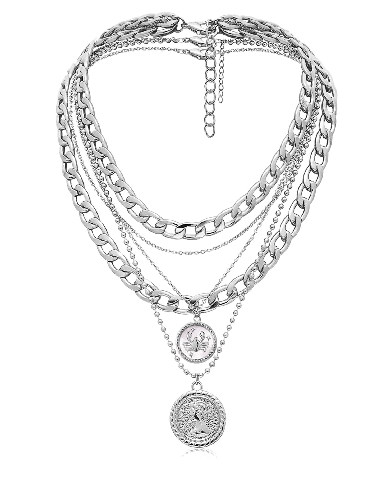 MJartoria Gold Layered Necklaces for Women Trendy Retro Coin Pendant Necklace Dainty Chunky Chain Choker Necklaces for Jewelry Birthday Gifts (Silver, Zodiac-Cancer-3PCS Layered)