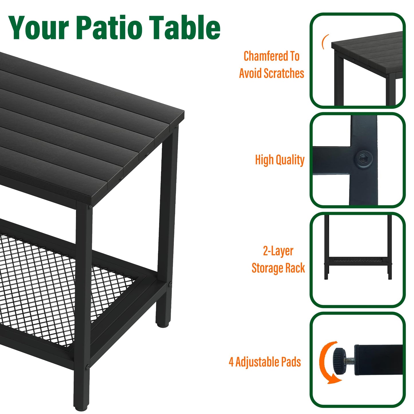 KAAPSAM Outdoor Side Table with Storage, 2-Tier Patio End Tables Weather Resistant, Black Outdoor Accent Table,Small Side Table for Pool, Deck, Garden