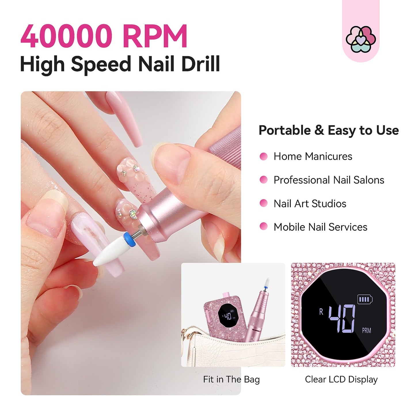 SAVILAND Professional Nail Drill 40000 RPM: Portable Diamond Nail Drill Kit Rechargeable 4000 mAh Electric Nail File for Thick Acrylic Nails with Ceramic Nail D rill Bits Sanding Bands Nail Tech Salon