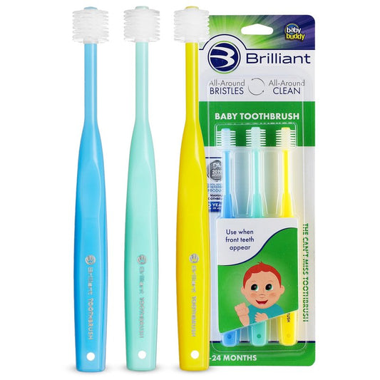 Brilliant Oral Care Baby Toothbrush with Soft Bristles and Round Head, for a Toddler Approved, Easy to Use All-Around Clean Mouth, 4-24 Months, When Front Teeth Appear, Blue Mint Yellow, 3 Pack
