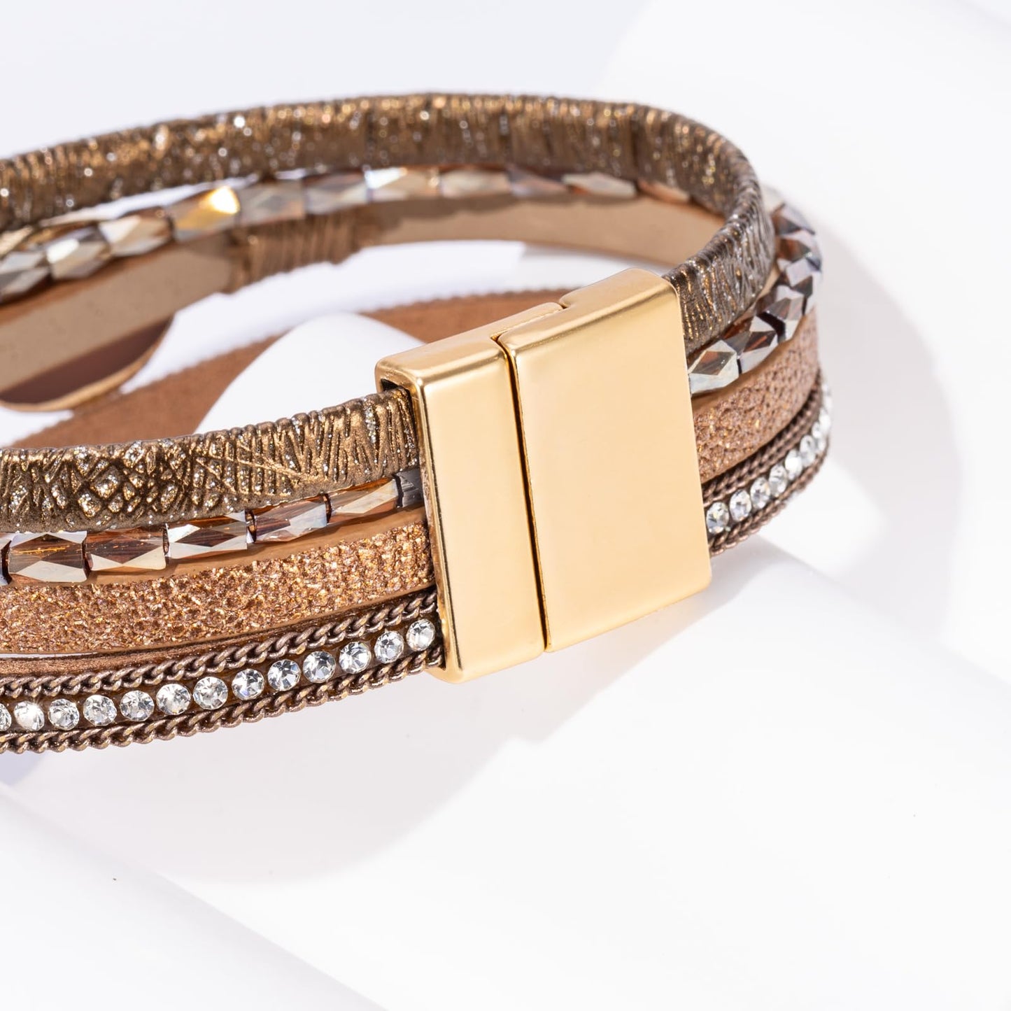 Becklynn Boho Leather Wrap Bracelets Beaded Crystal Stackable Cuff Bracelet with Magnetic Clasp Cowboy Cowgirl County Concert Outfits Western Jewelry Gifts for Women(Stone Brown)