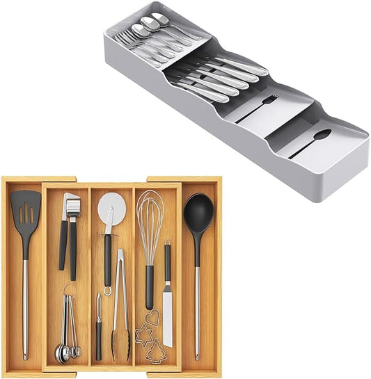Lifewit Utensil Organizer for Kitchen Drawer,Narrow Silverware Tray for Kitchen Drawers, Bamboo Cutlery Silverware Flatware Holder