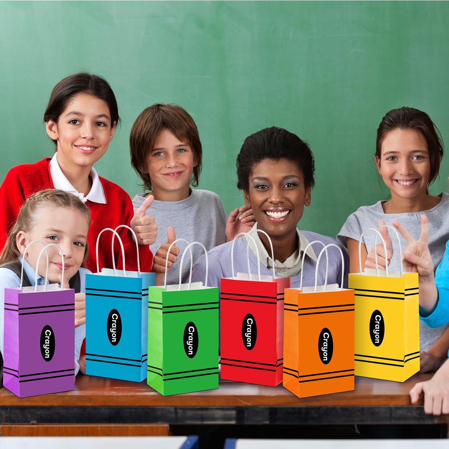 24Pcs Welcome Back to School Crayon Gift Bags for Teacher First Day of School Candy Boxes with Handle Crayon Shaped Goodie Bag for Kindergarten Graduation Birthday Baby Shower Party Supplies