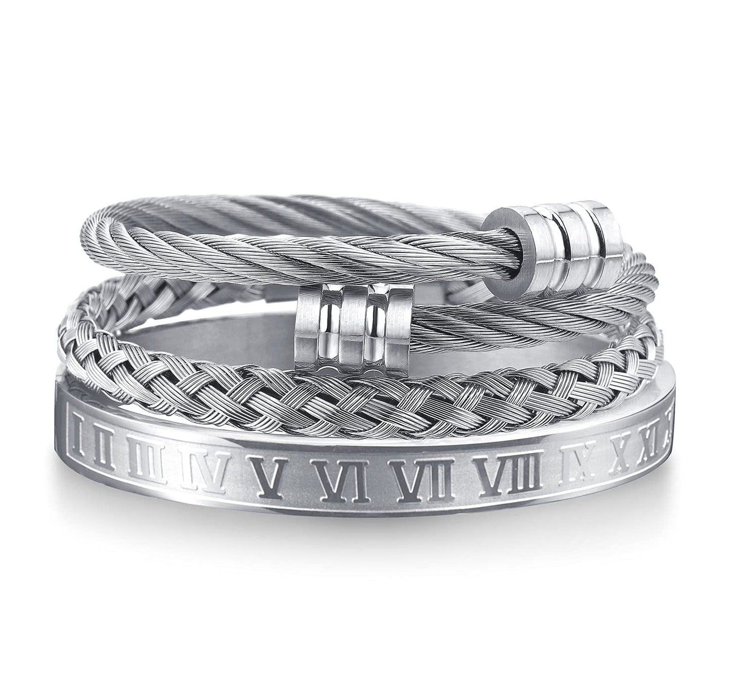 WFYOU 3PCS Stainless Steel Bracelets for Men - Gold Roman Numeral & Adjustable Cuff Bracelets - Luxury Mens Jewelry Gifts, 2.5 inch, Metal, stainless-steel
